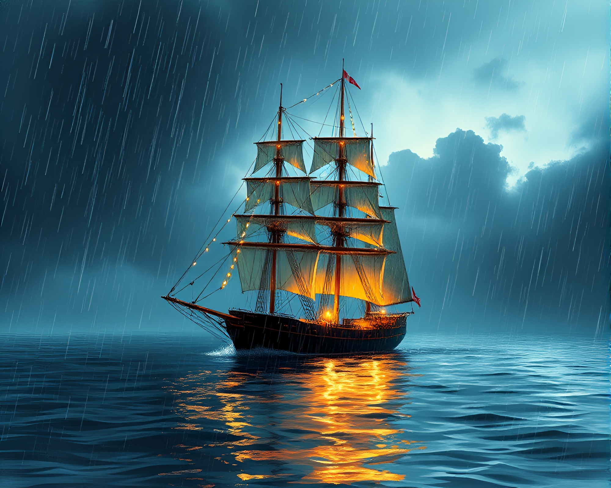 Rain-Kissed Classic Sailing Ship in Artistic Light – free AI stock image
