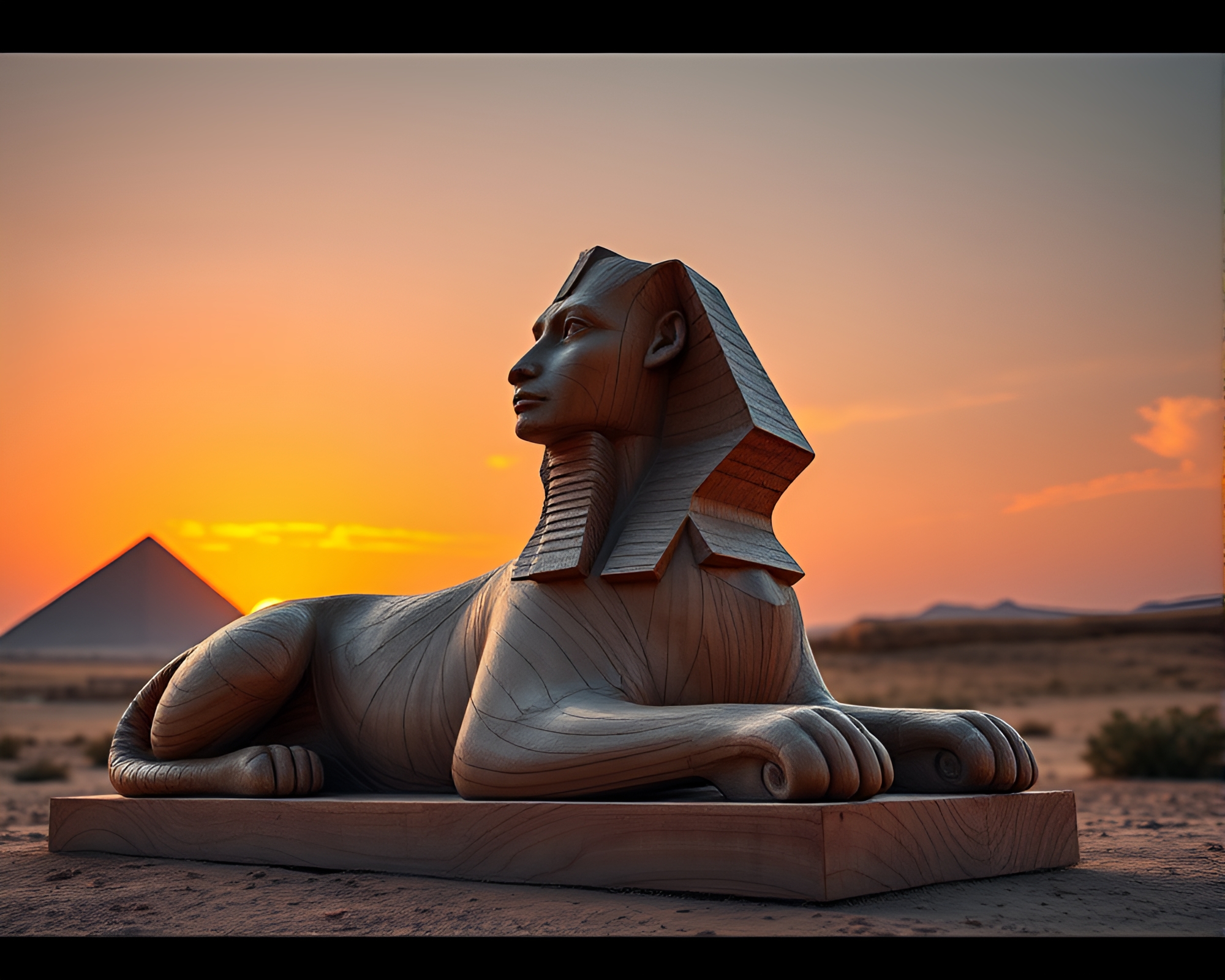Sphinx statue basking in warm, bio-organic wood hues – free AI stock image