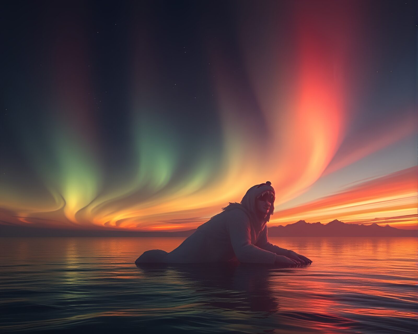Photorealistic off-center siren surrounded by aurora colors