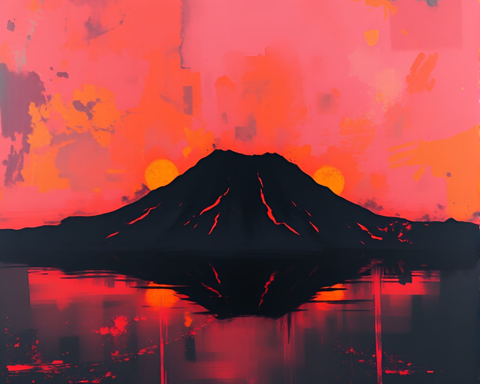 Expressive painting of a volcanic crater reflecting in water
