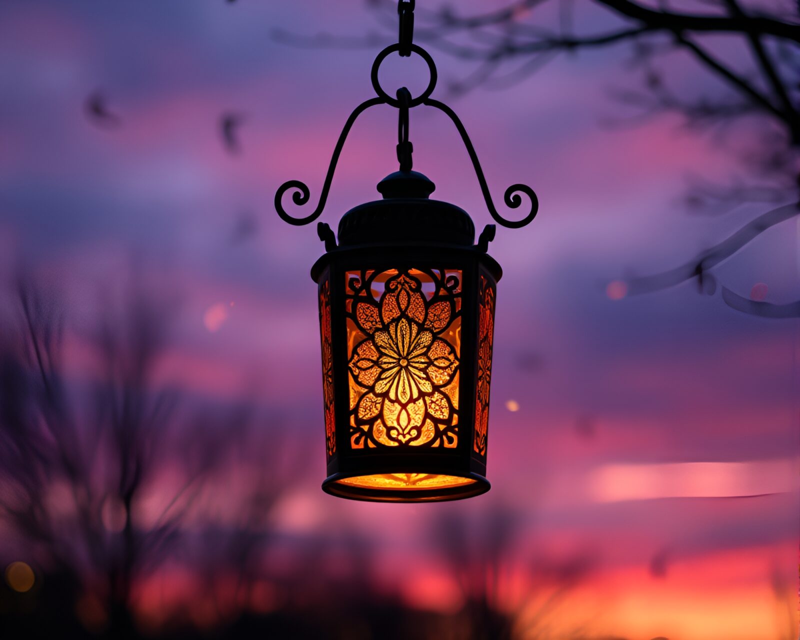 Gorgeous hyper-realistic lantern glowing in twilight kaleidoscope