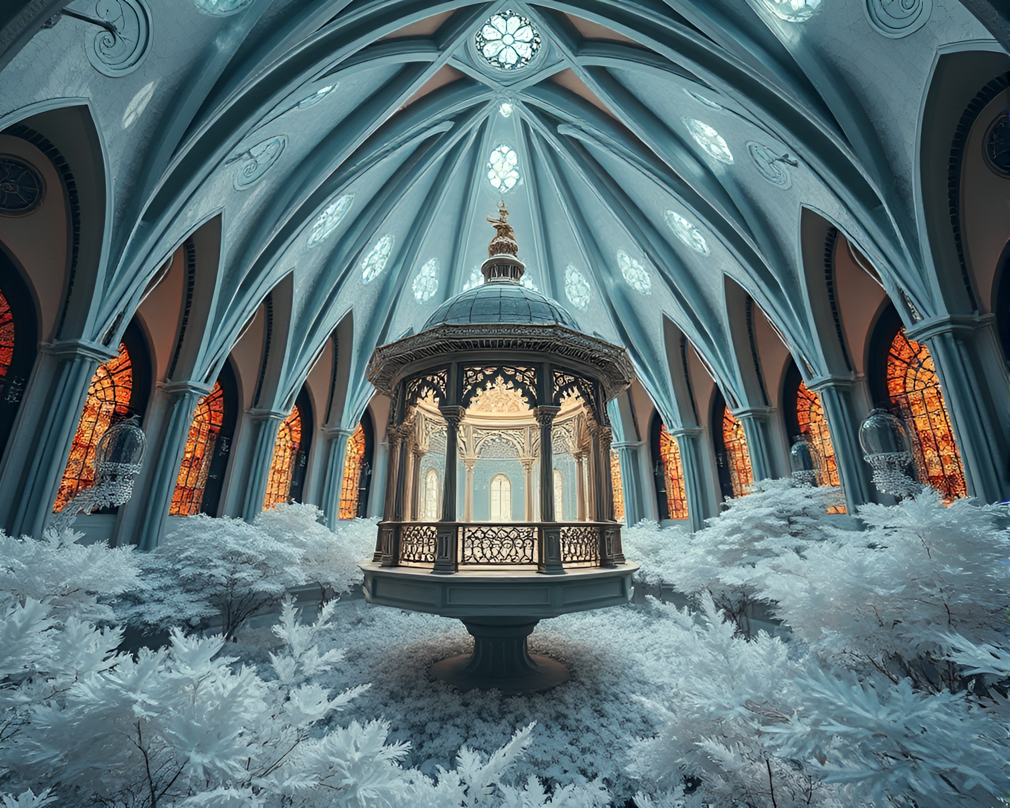 Floating Pavilion in Fibonacci Spiral Infrared Stained Light – free AI stock image
