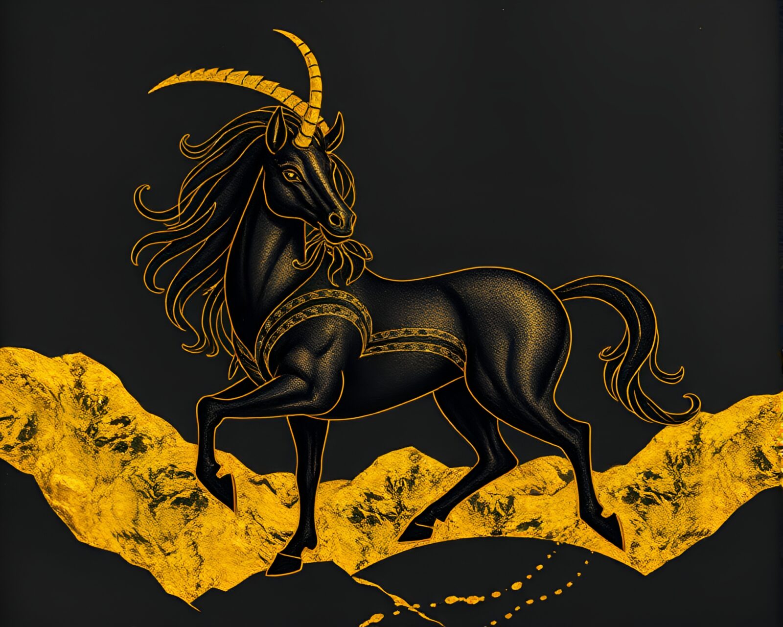 Majestic centaur with gold foil highlights in ash-filled landscape