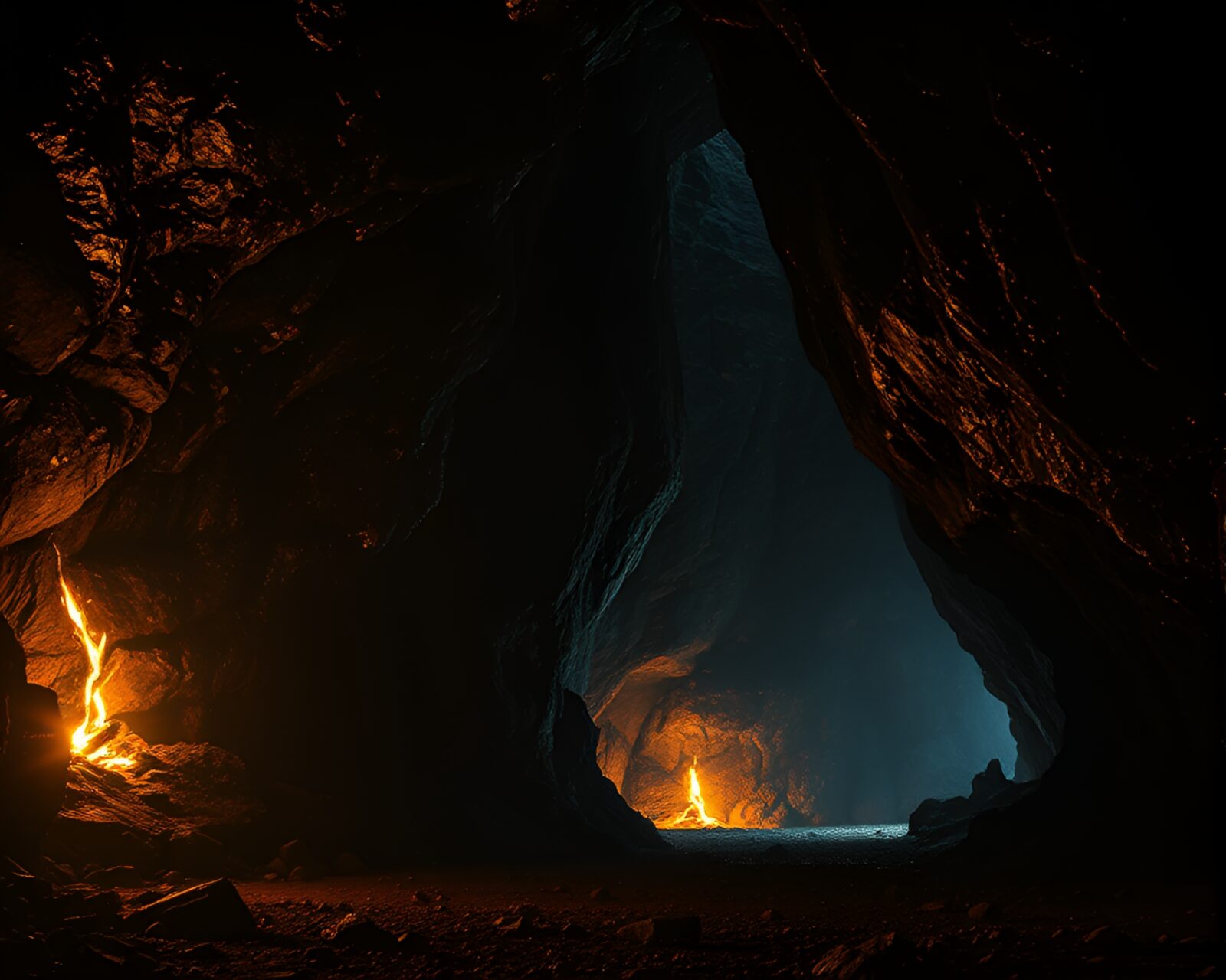 Impressive photorealistic phoenix in dark cave with gold accents