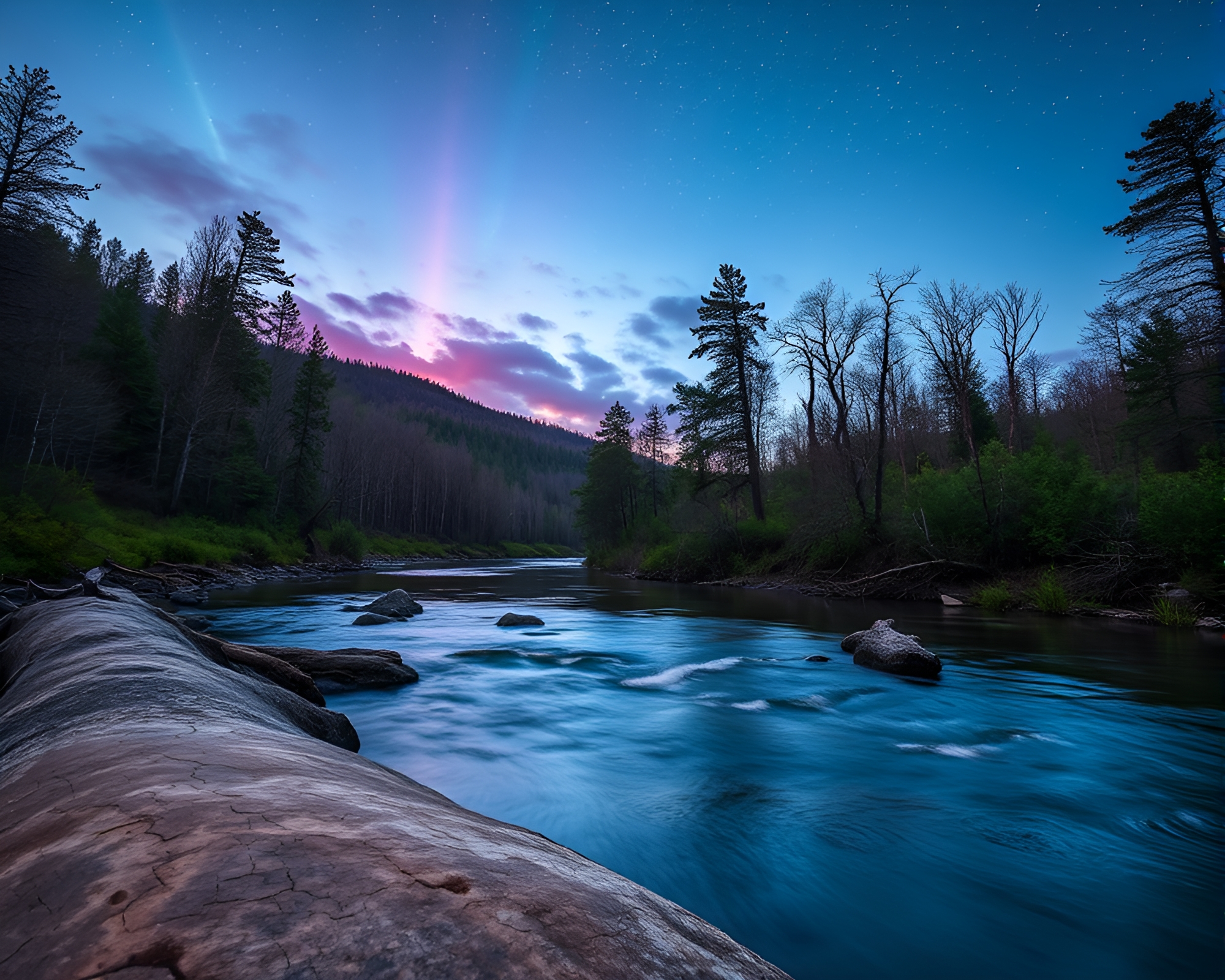 Savage River Enchantment: Cosmic Wood Grain Blue Hour – free AI stock image