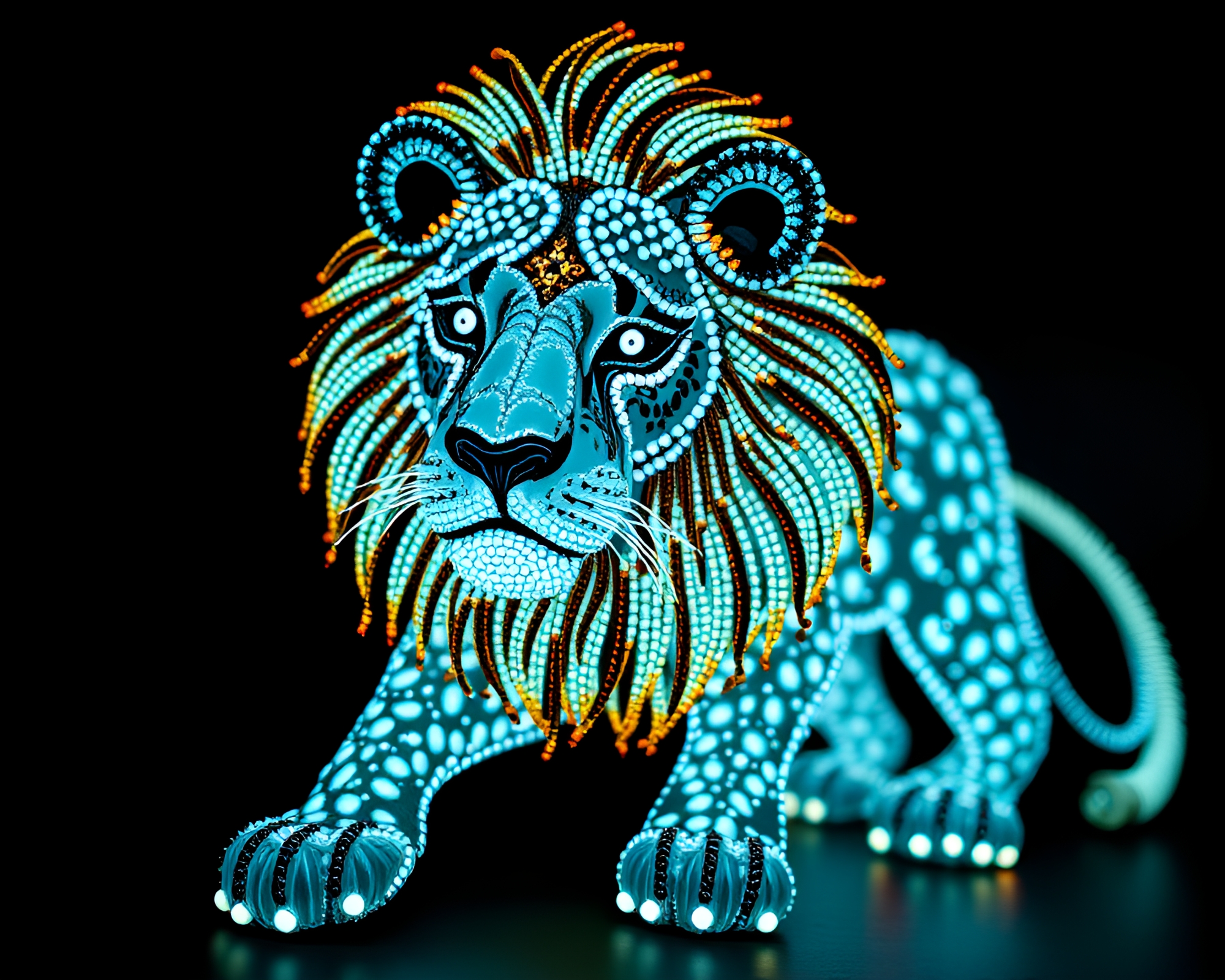Ethereal Lion Beadwork with Glow-in-the-Dark Accents – free AI stock image