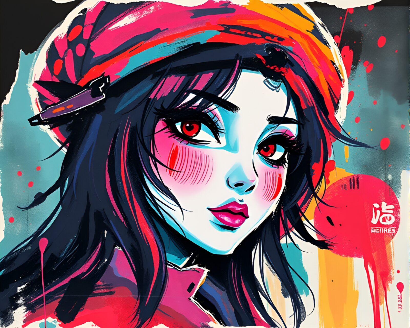 Siren in vibrant neon colors with torn, sumi-e edges