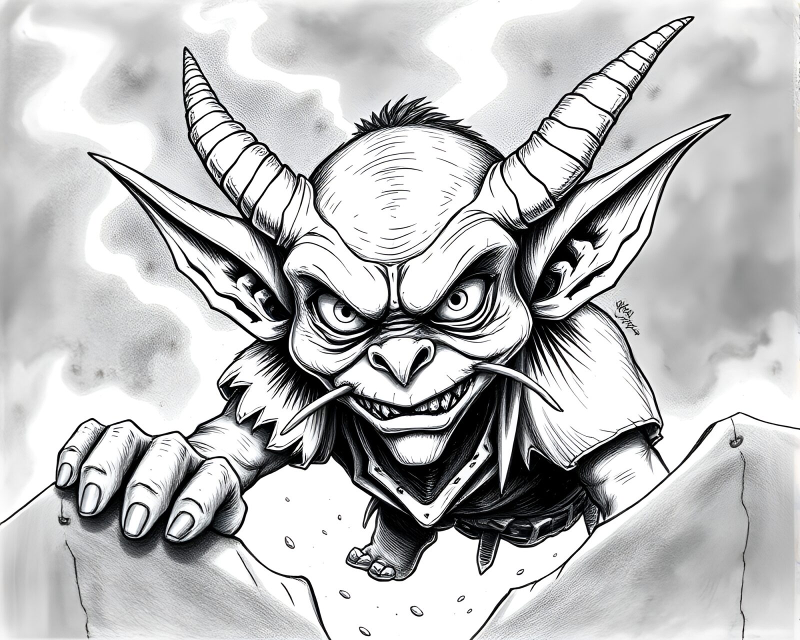 Moodily lit goblin king drawn in crosshatching manga style