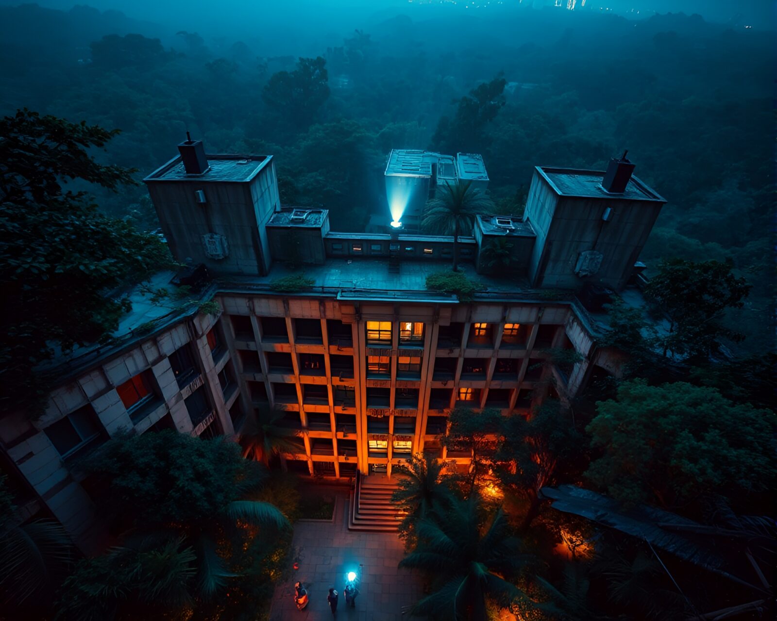Aerial view of a brutalist building in the jungle