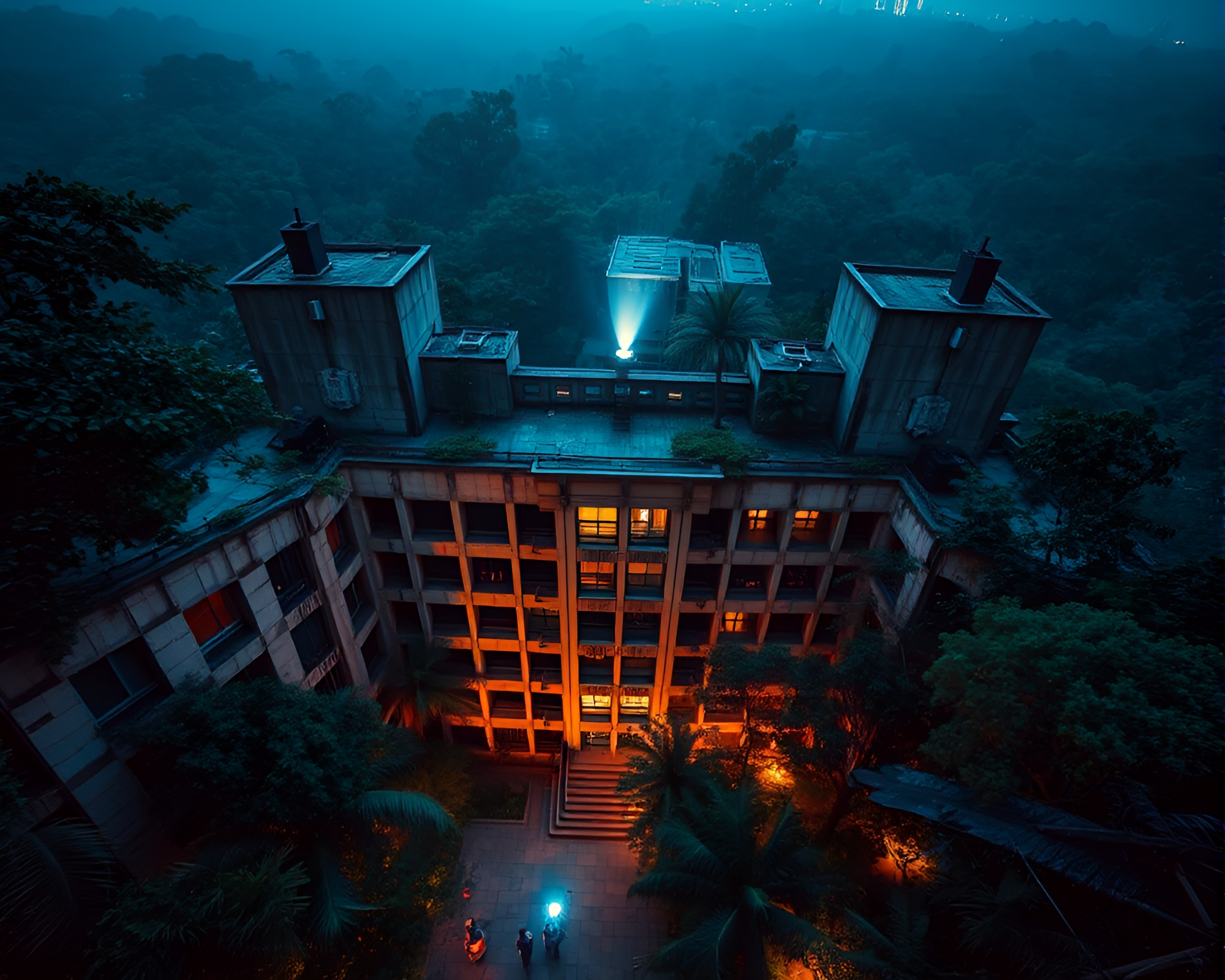 Brutalist Jungle Canopy Spotlight View – free AI stock image