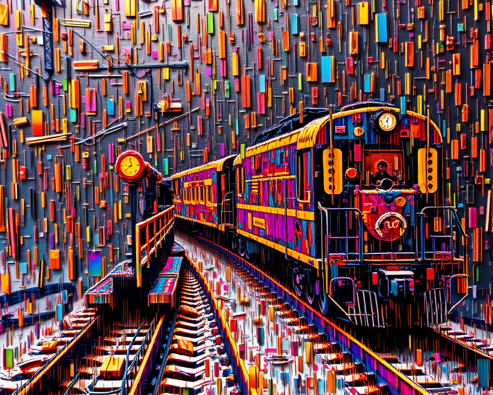 Voxel Train Lost in Metallic Scratches Landscape – free AI stock image