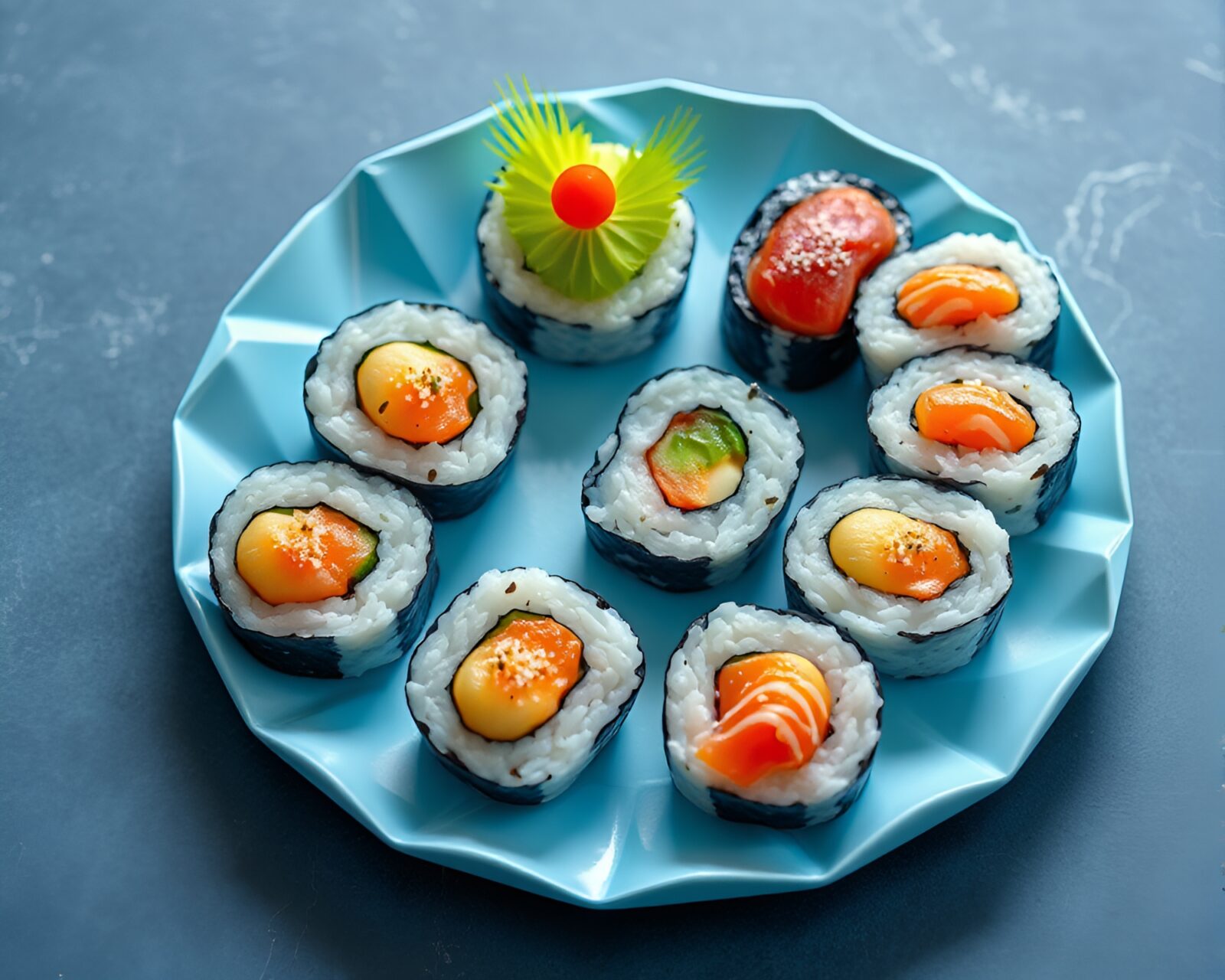 High-angle shot of icy blue sushi platter in origami style