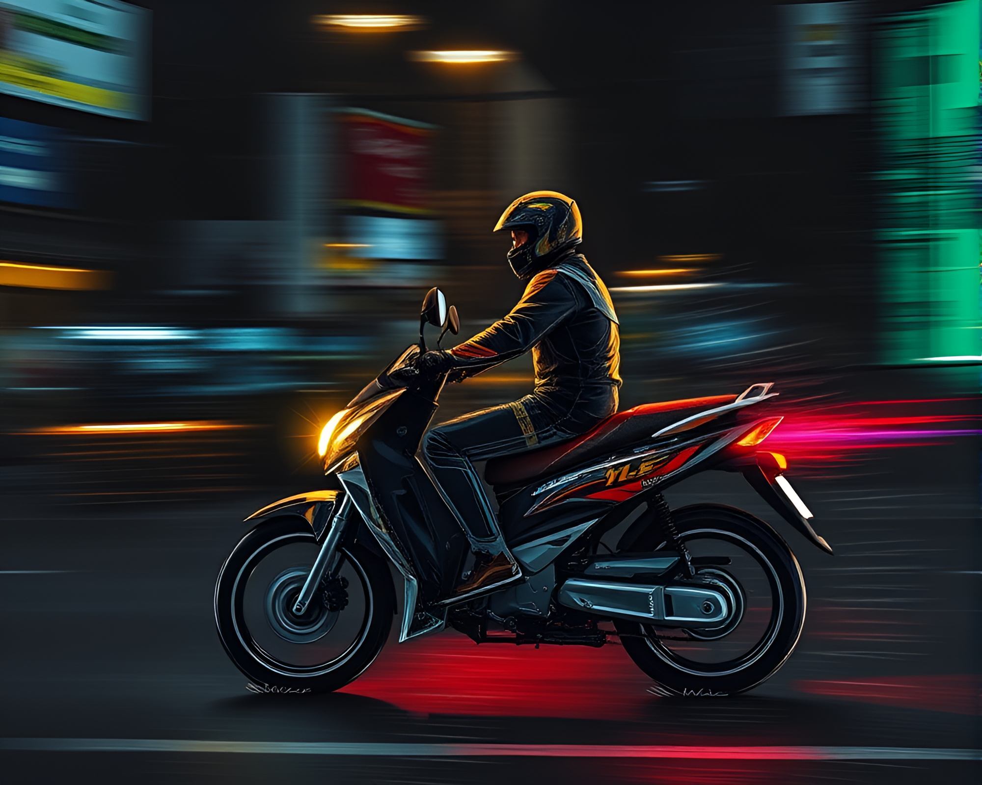 Neon Motorcycle Zooming Through City Streets at Night – free AI stock image