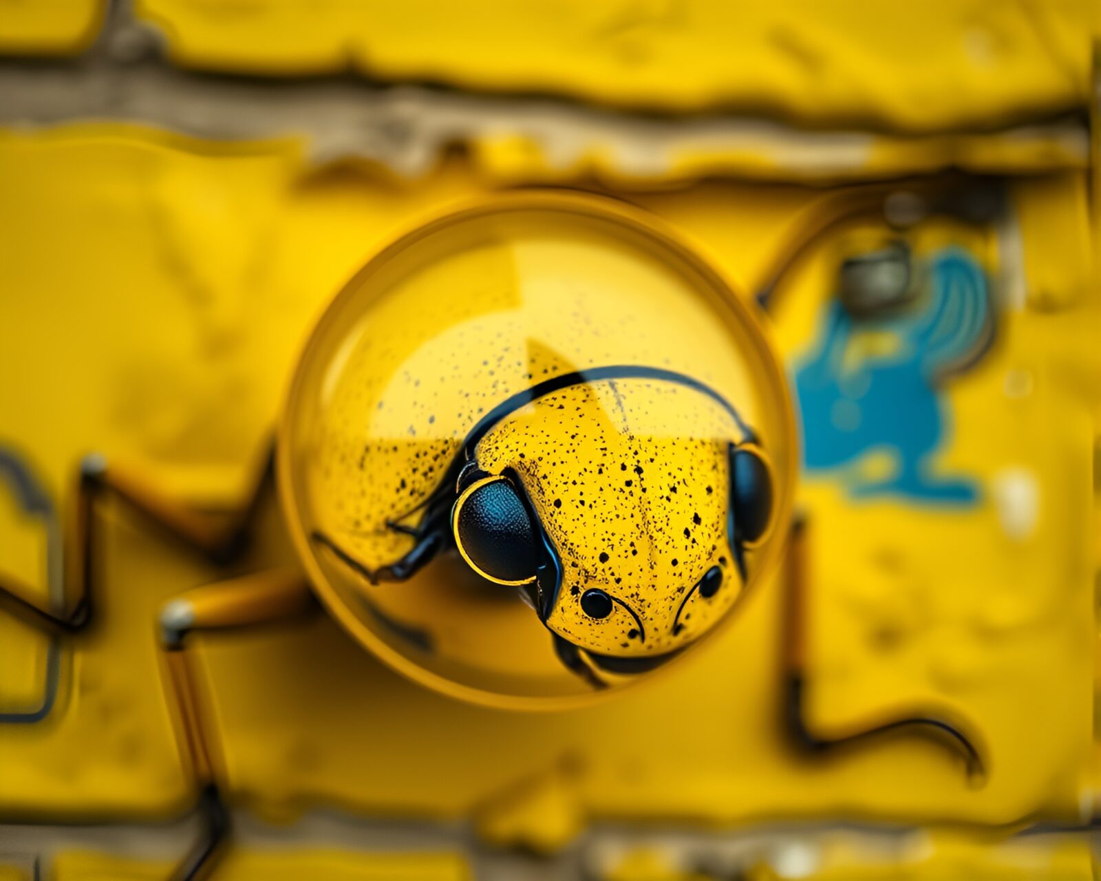 Vibrant mural of beetle in mustard yellow split focus