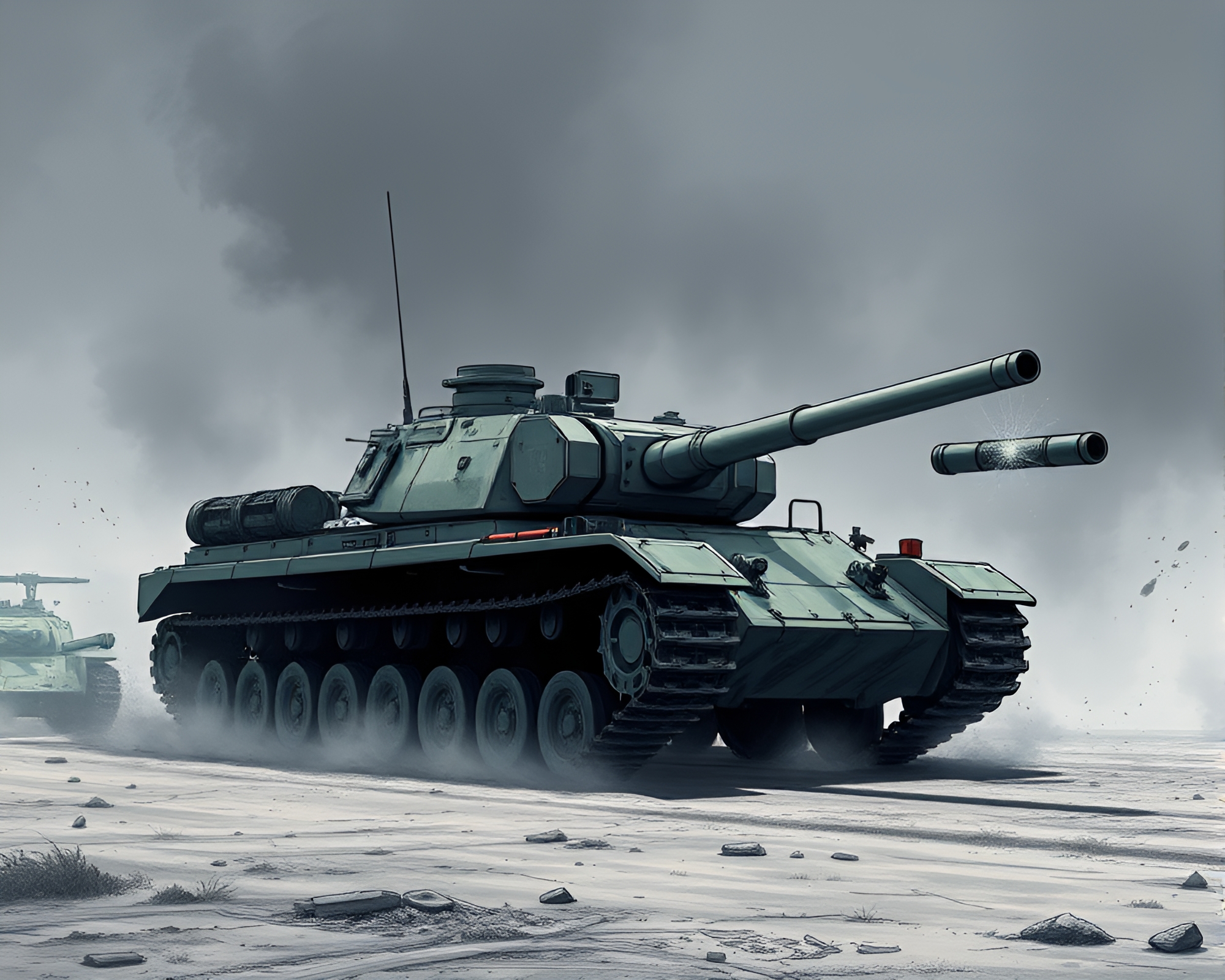 Manga-style Tank Emerging Through Smoky Haze – free AI stock image