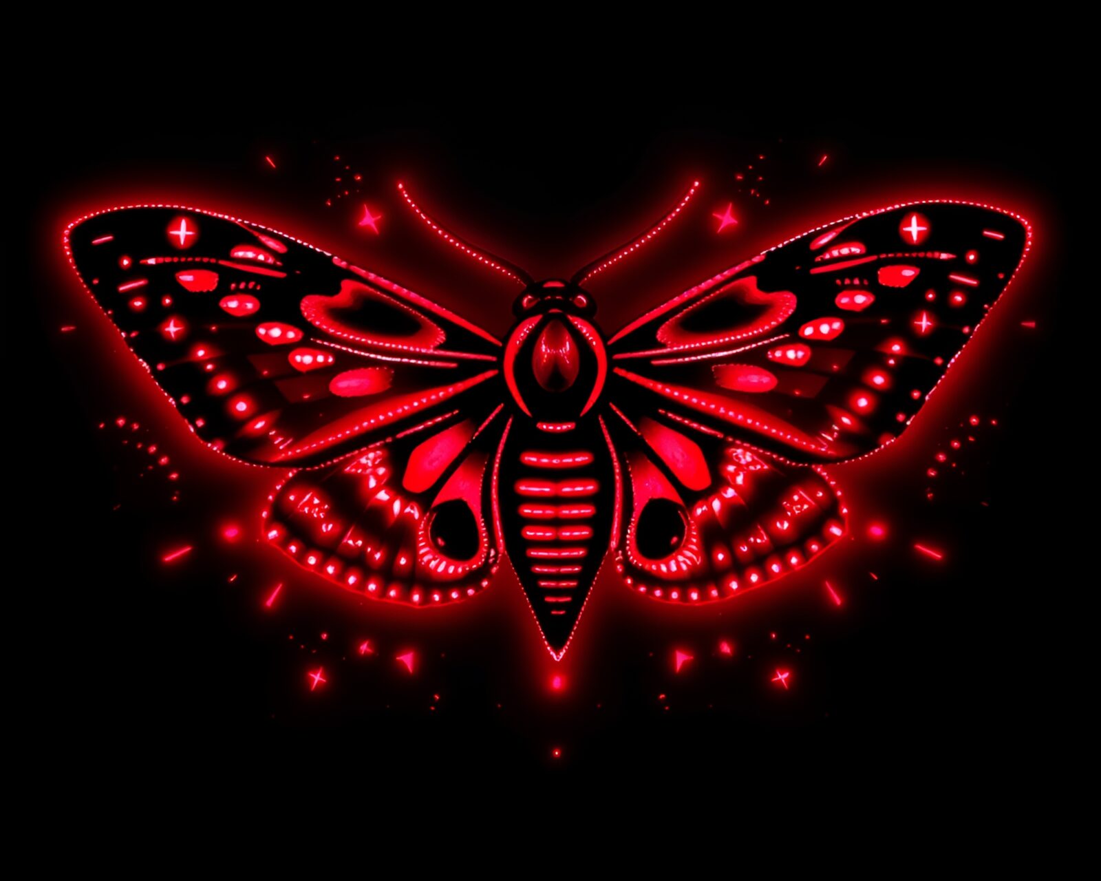 Vibrant ruby red moth design in LED pixel grid.