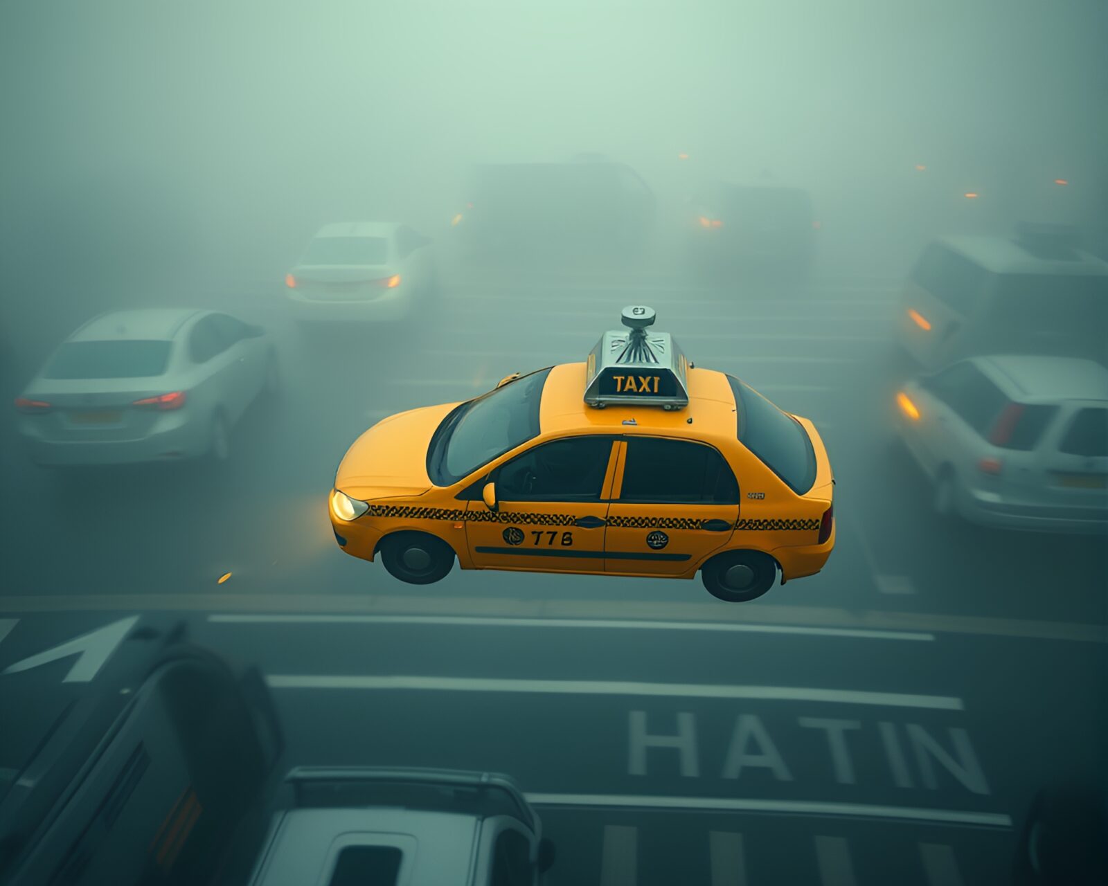 High-angle shot of a hover taxi in desaturated color field