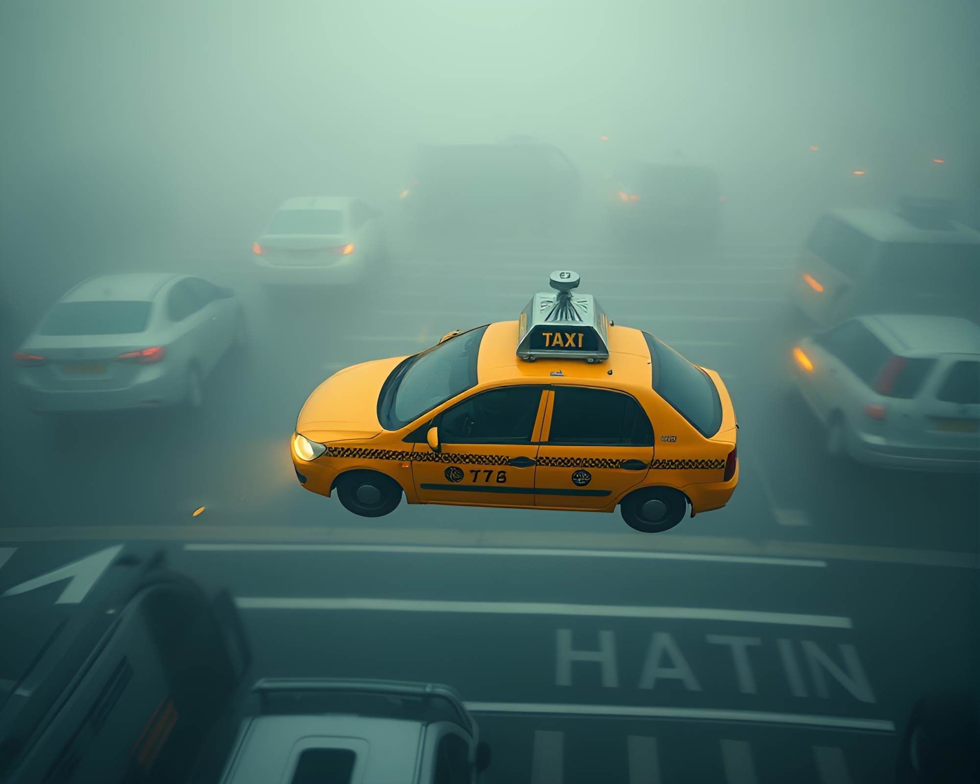 Hover Taxi in Desaturated Gloom: Futuristic Color Field Painting – free AI stock image