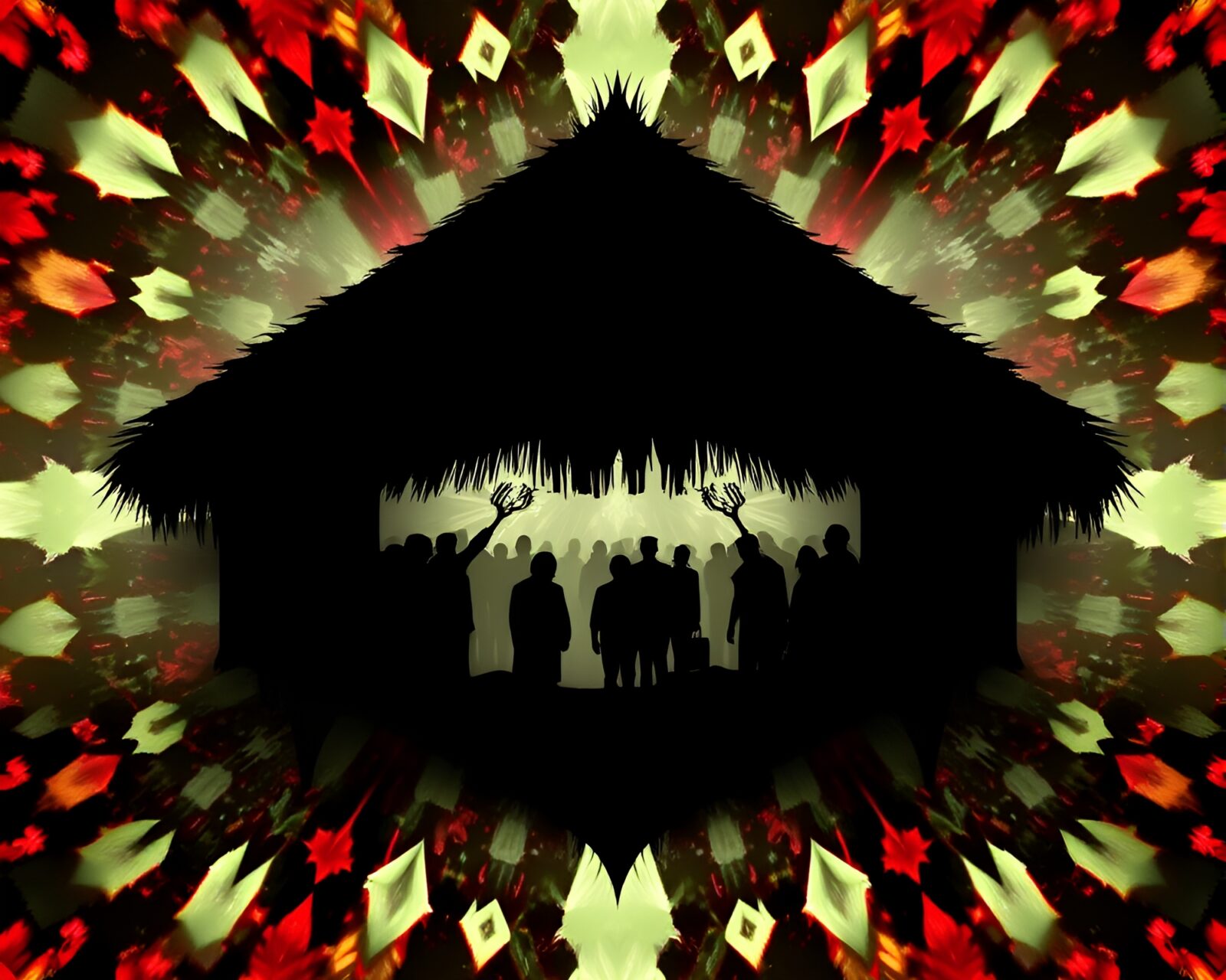 Vibrant kaleidoscope colors as sun sets behind mud huts