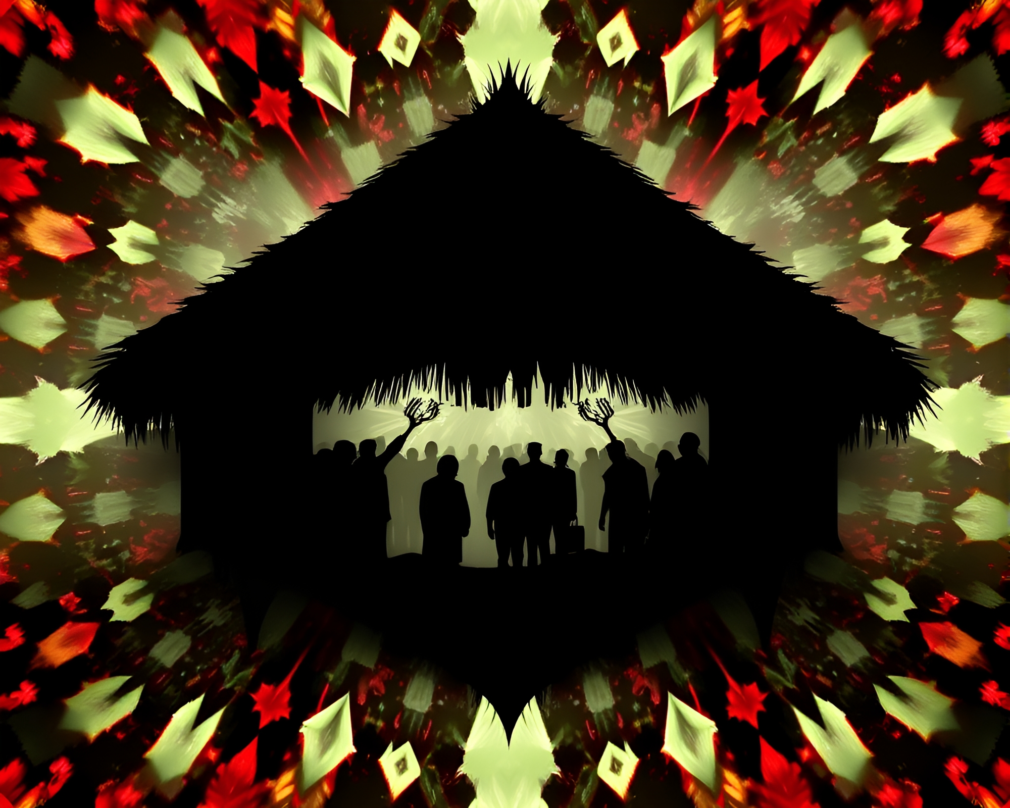 Kaleidoscope Sunset Silhouette at Mud Hut Village – free AI stock image