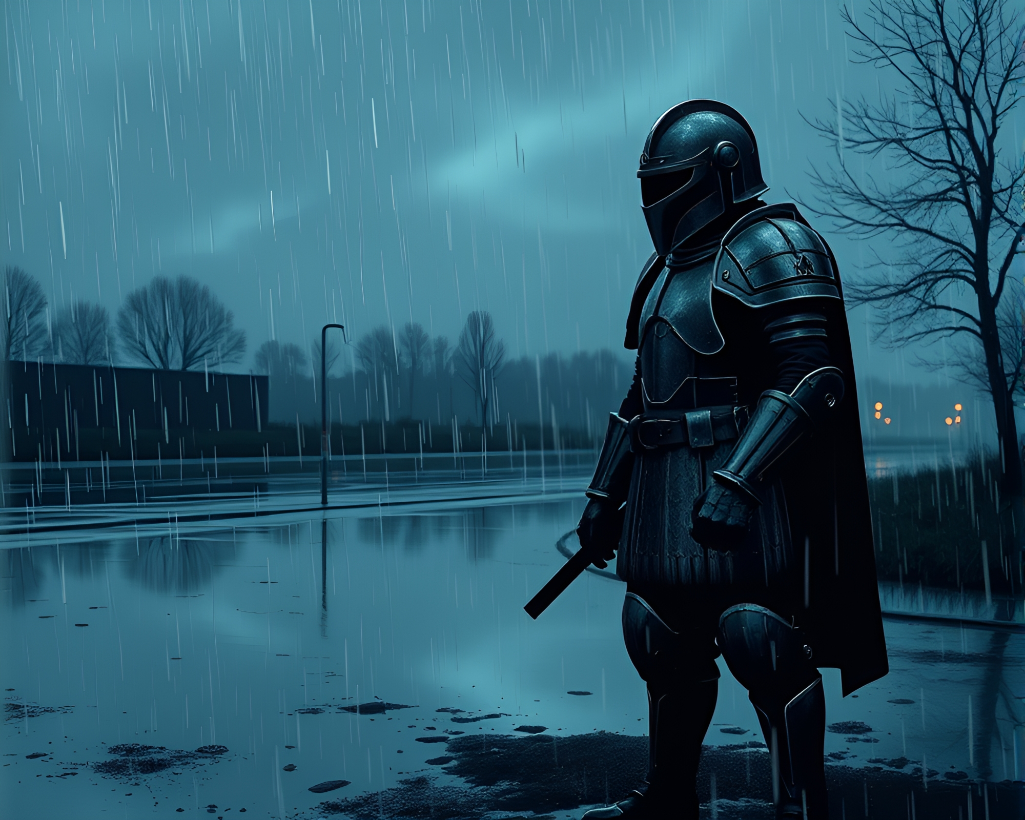 Armored figure in rainy reflection silhouette – free AI stock image