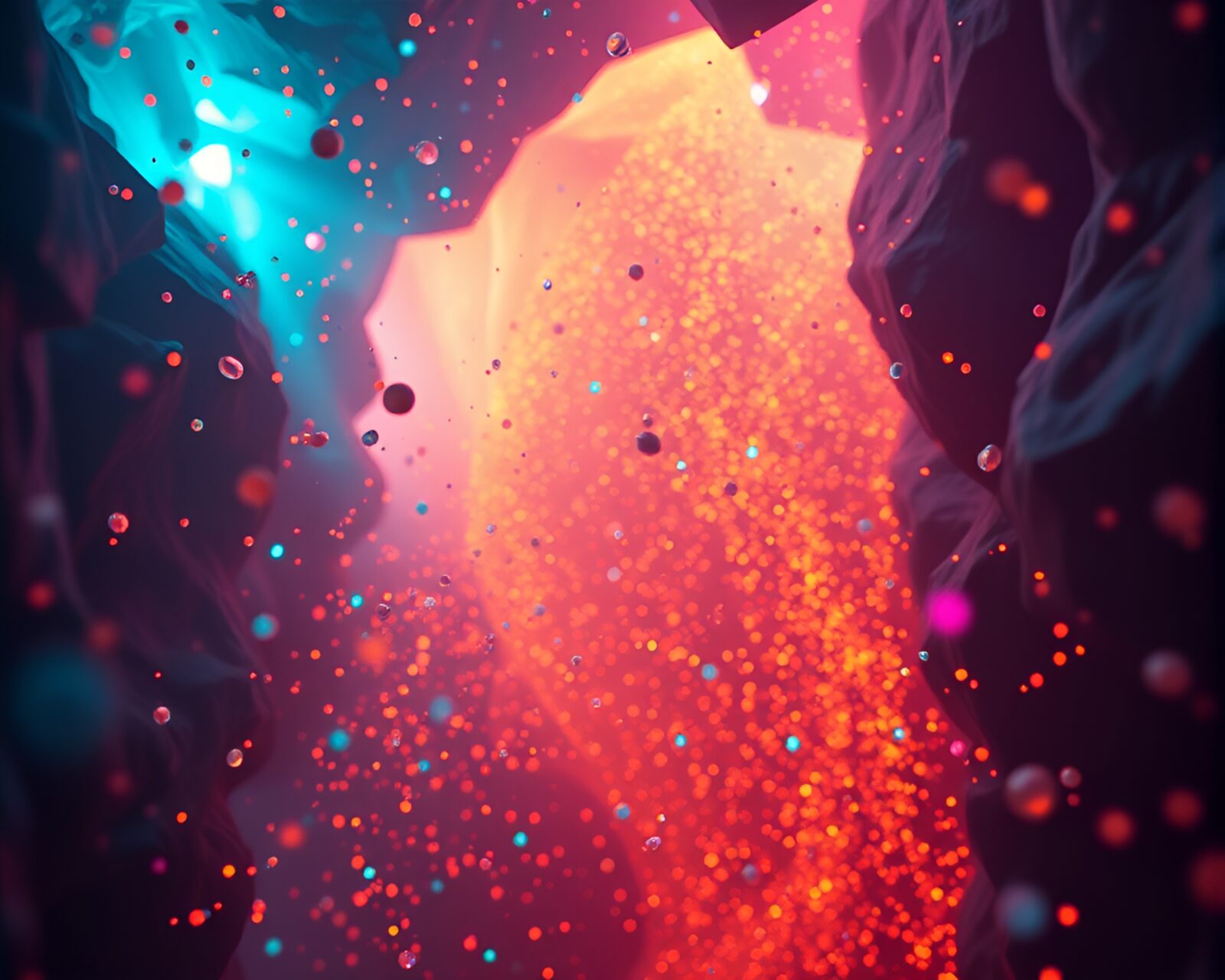 Selective color fantasy scene with glowing particles in underground cavern