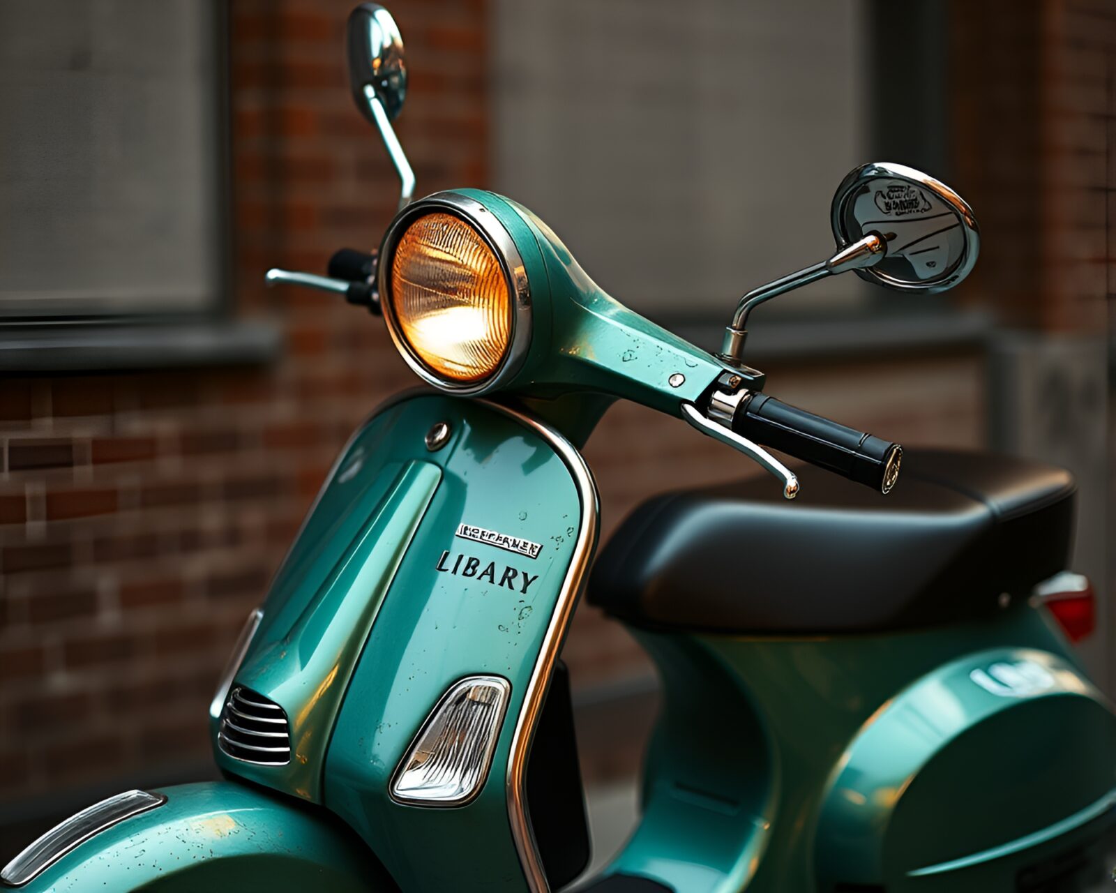 Electric scooter bathed in library lamp light with copper verdigris accents.