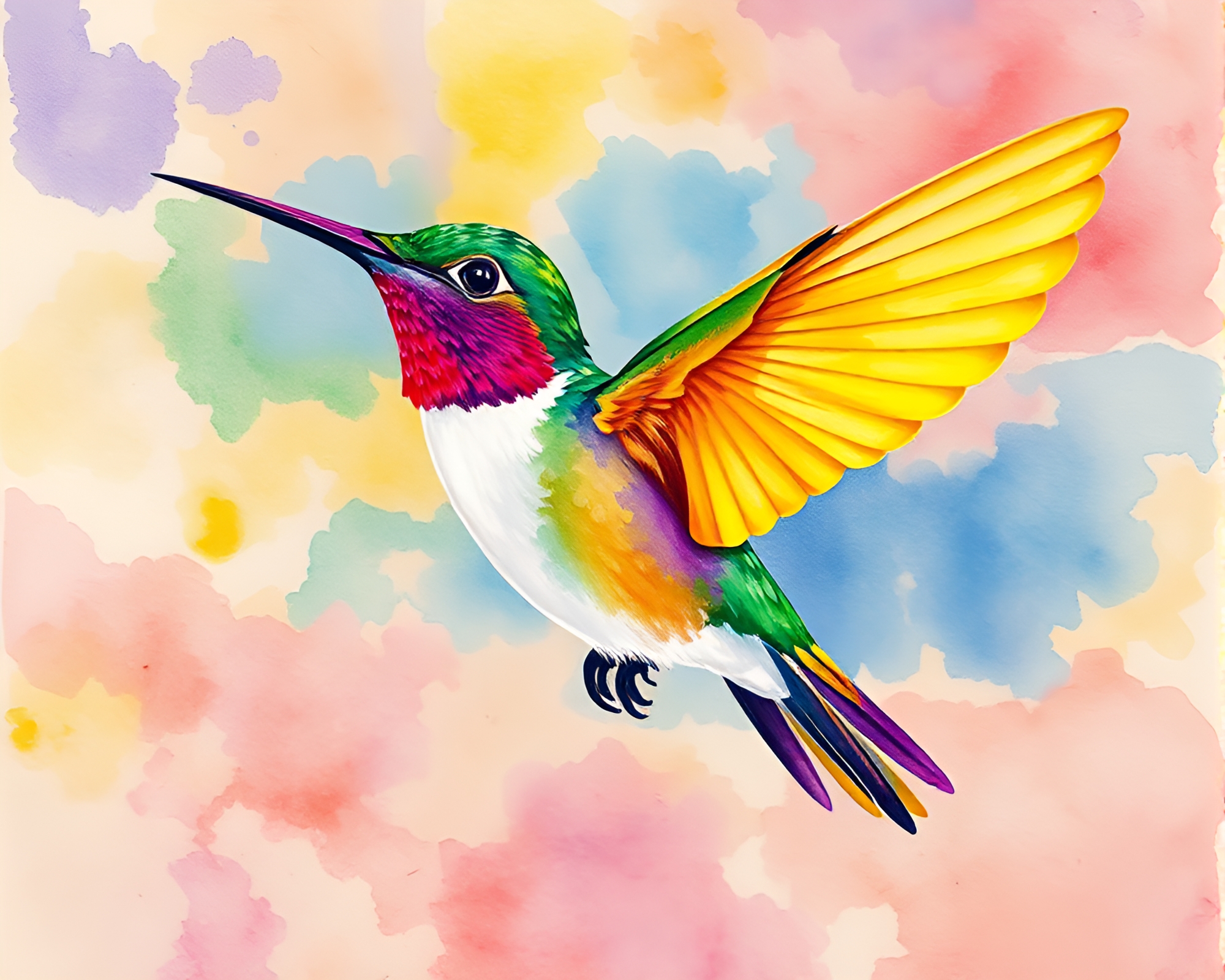 Ethereal Hummingbird Amidst Ultraviolet Watercolor Wash – free AI stock image