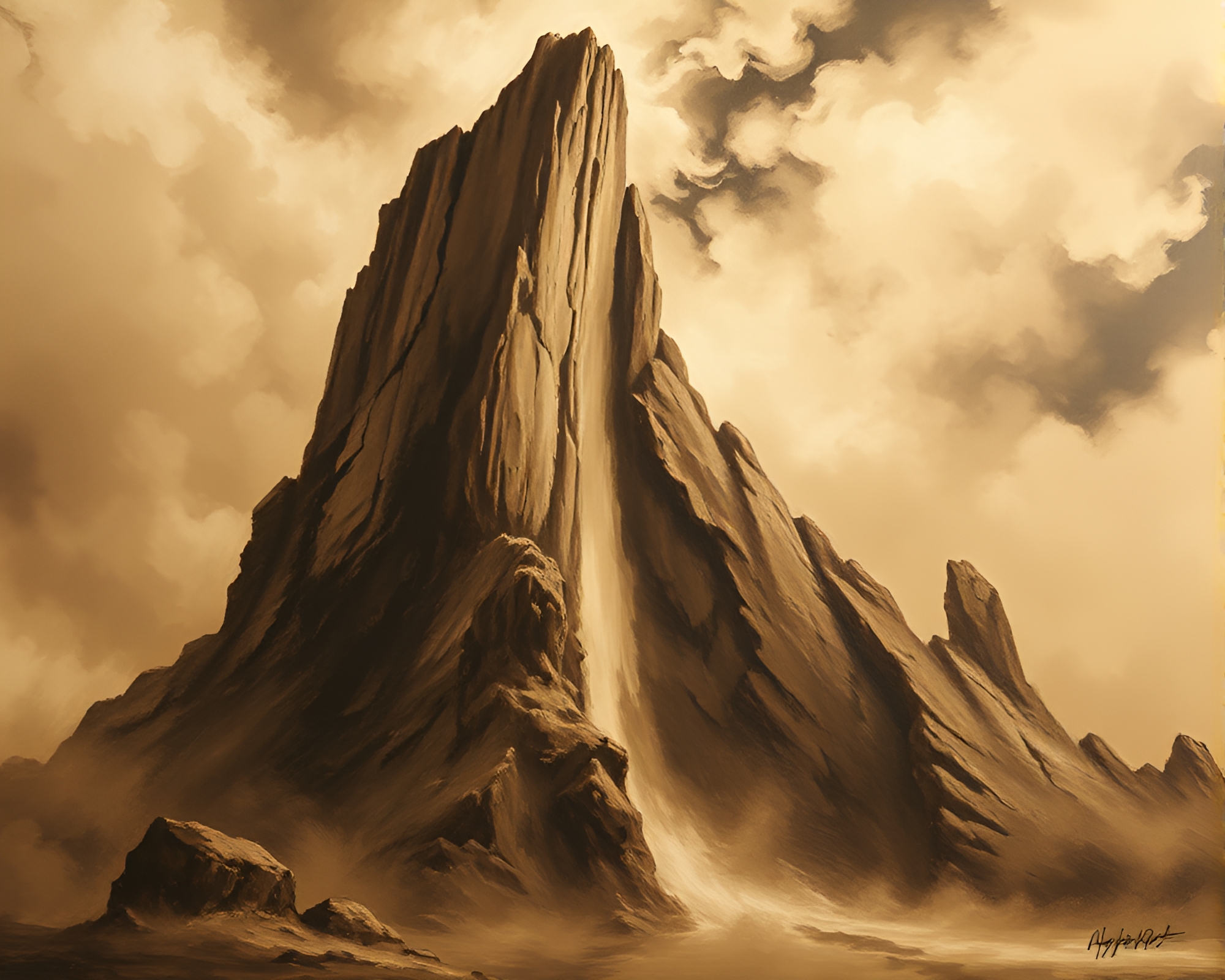 Majestic Monolith Shrouded in Sepia Vortex Tempestry – free AI stock image