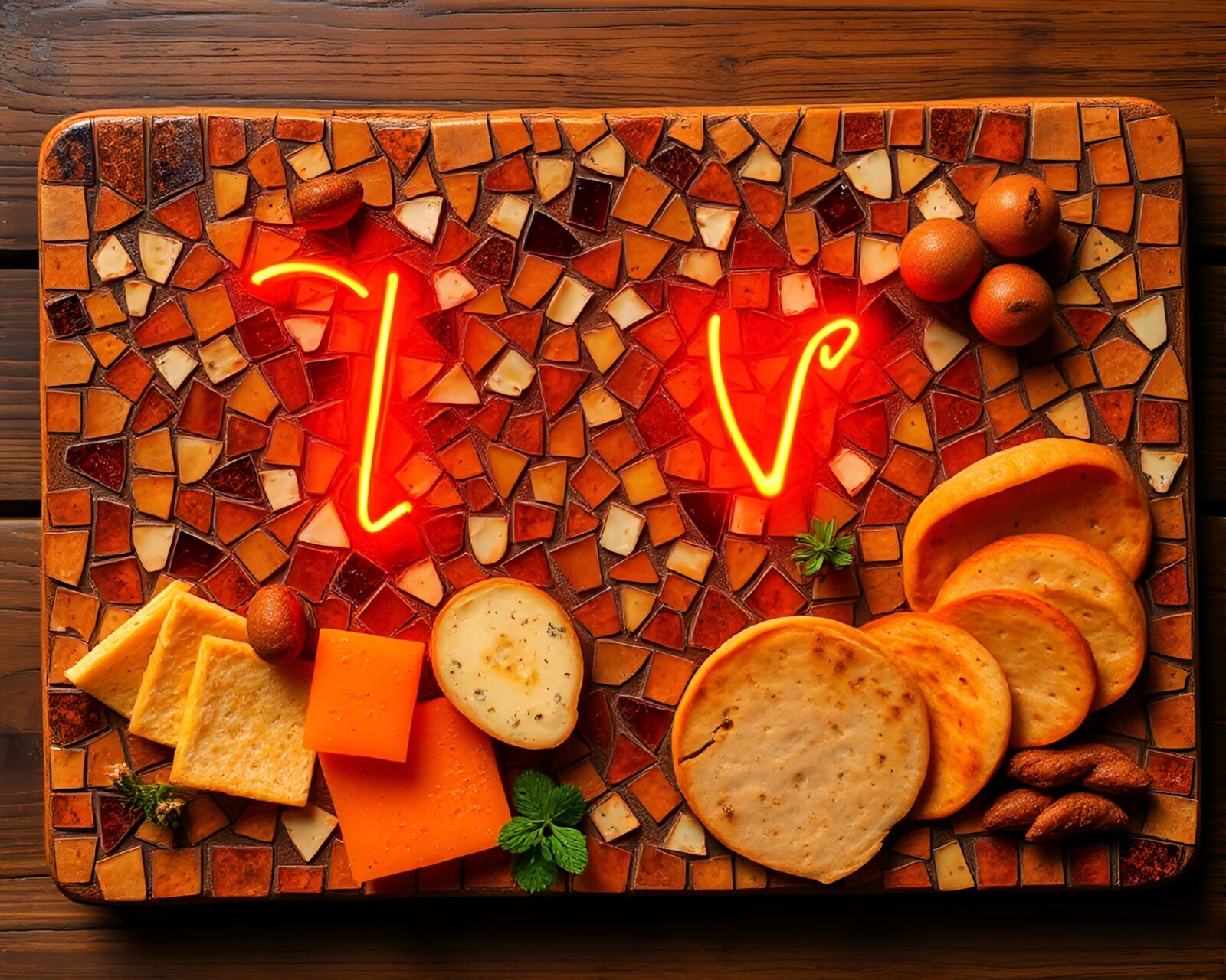 Colorful neon sign illuminating a rustic charcuterie board mosaic