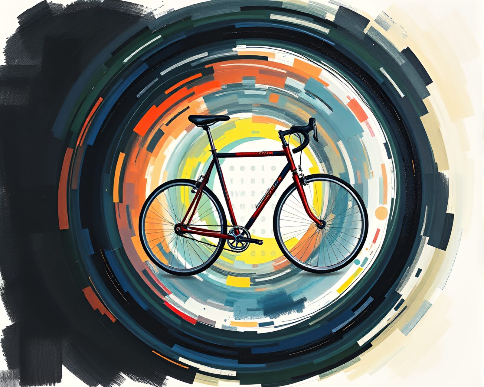 Vibrant gouache painting of a spiraling bicycle adventure