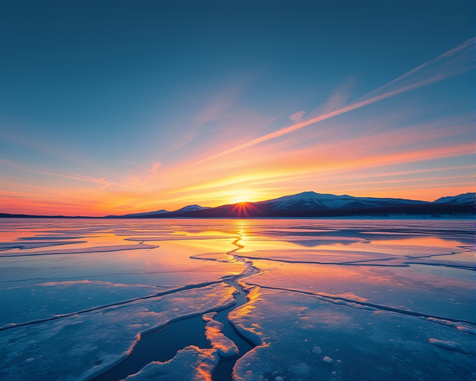 Cel-shaded image of a cracked ice reflecting a fan against a pastel sky at sunrise.