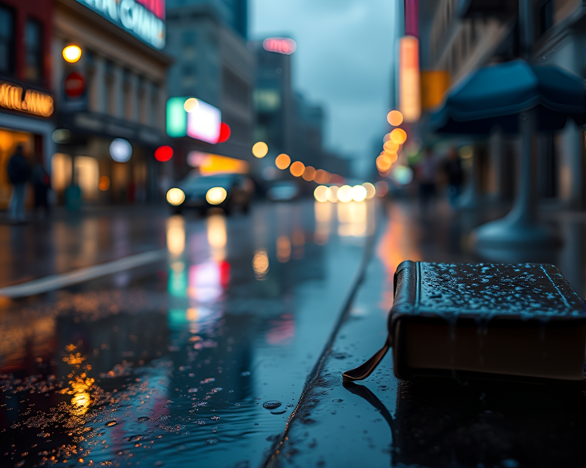 Leather-bound diary in rainy color splash reflections – free AI stock image