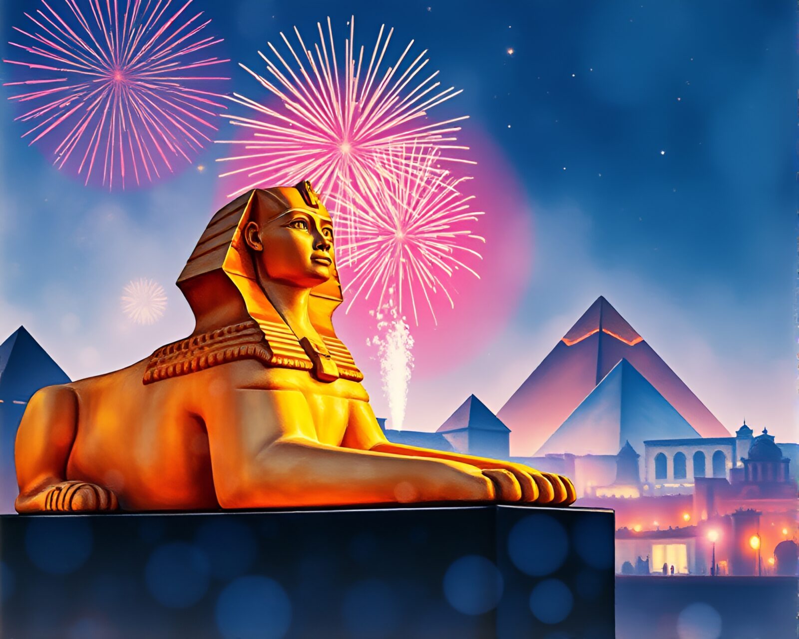 Pointillist dots depict majestic Sphinx statue amidst festival fireworks glow