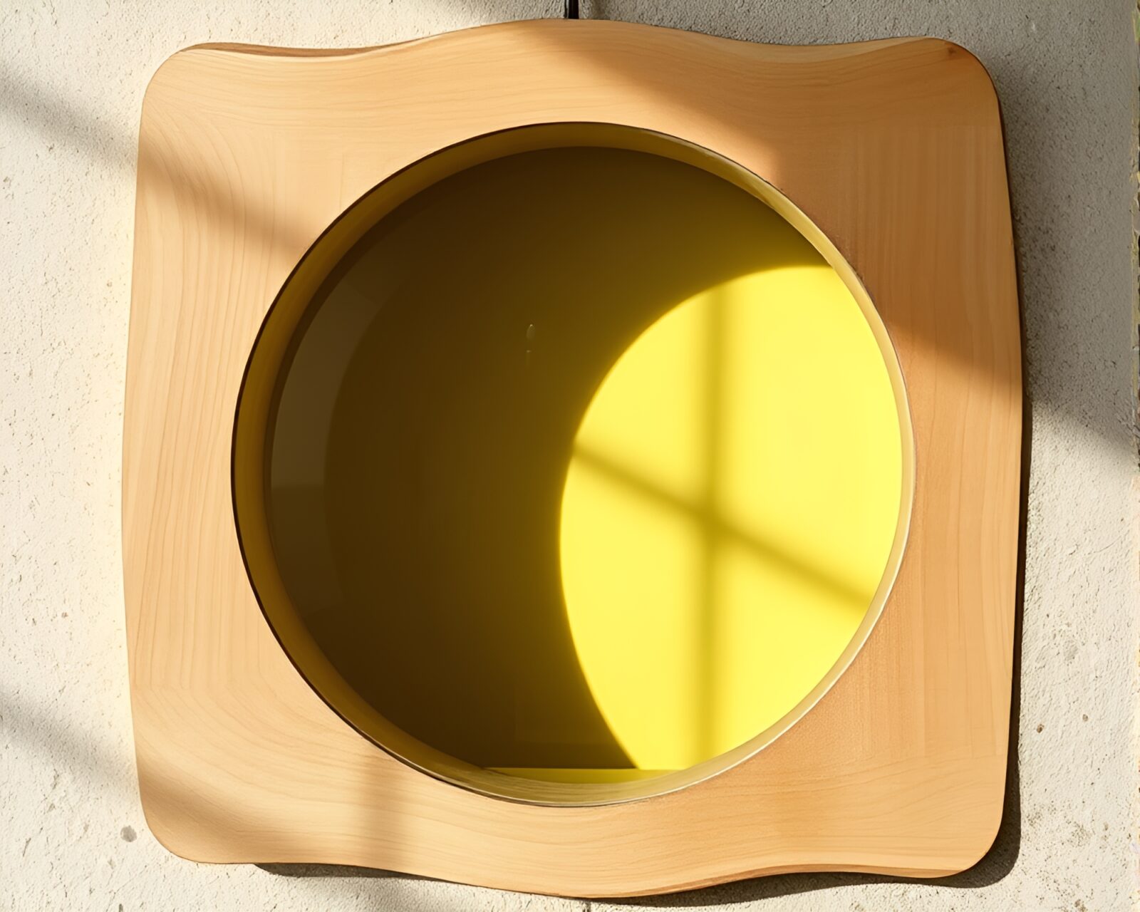 Vibrant lemon yellow glass orb in sgraffito style frame