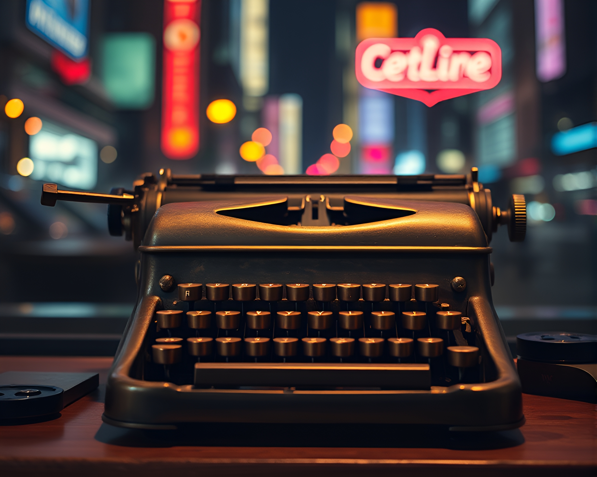 Antique Typewriter in Neon City Vignette – free AI stock image
