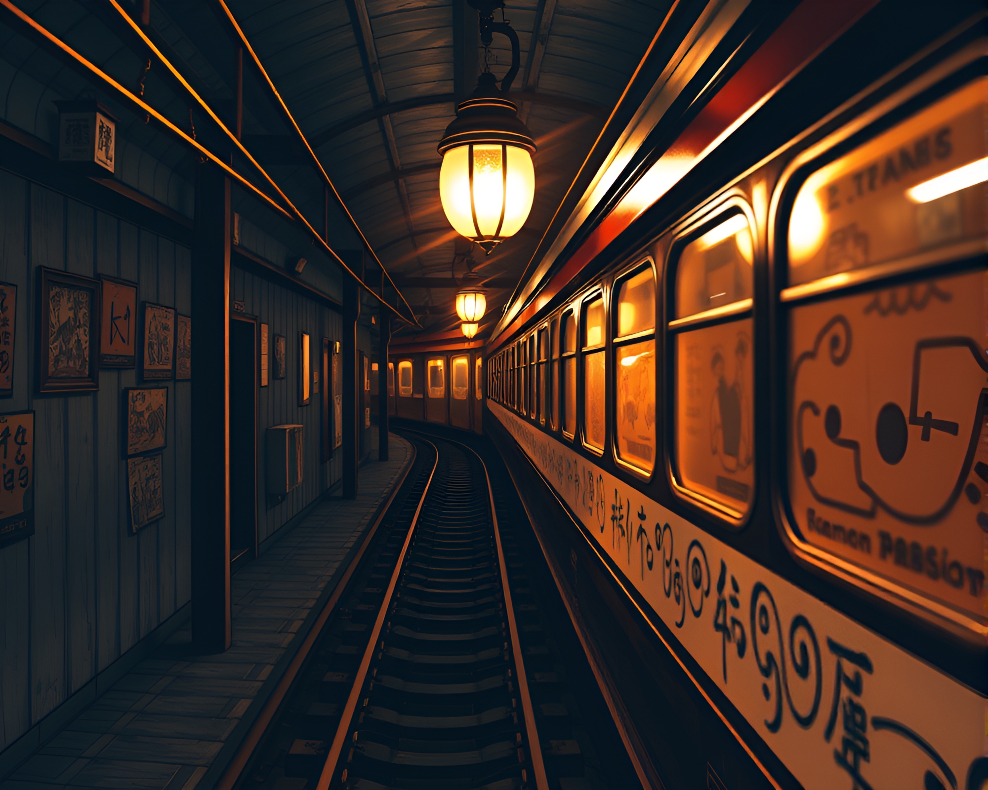 Train light trails through ramen library – free AI stock image