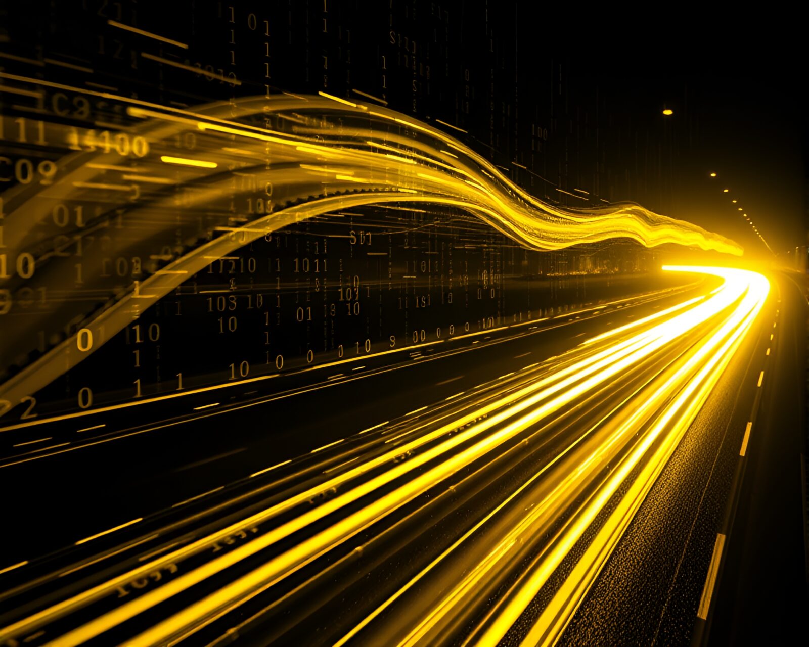 Monochrome yellow scene with car lights and binary code