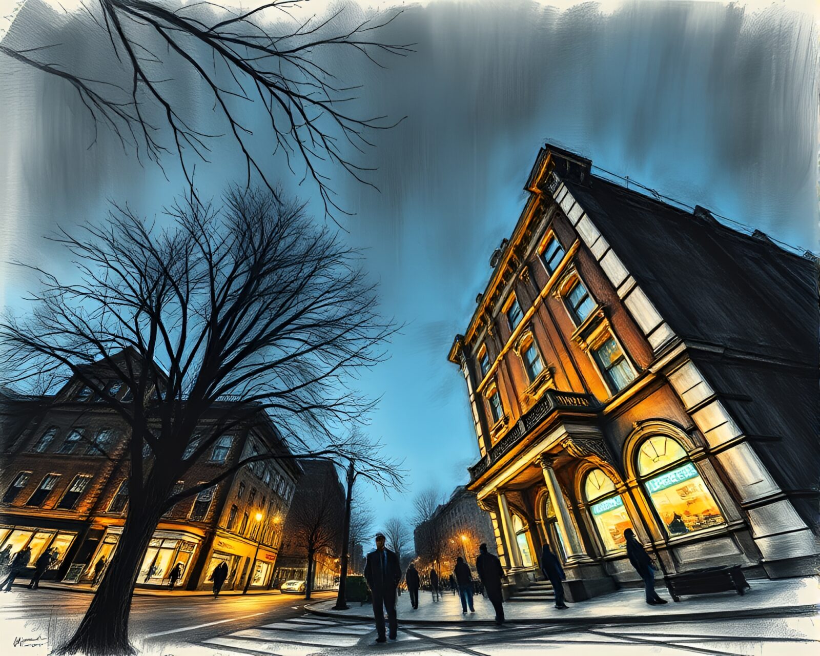 Charcoal sketch of a majestic opera house at blue hour
