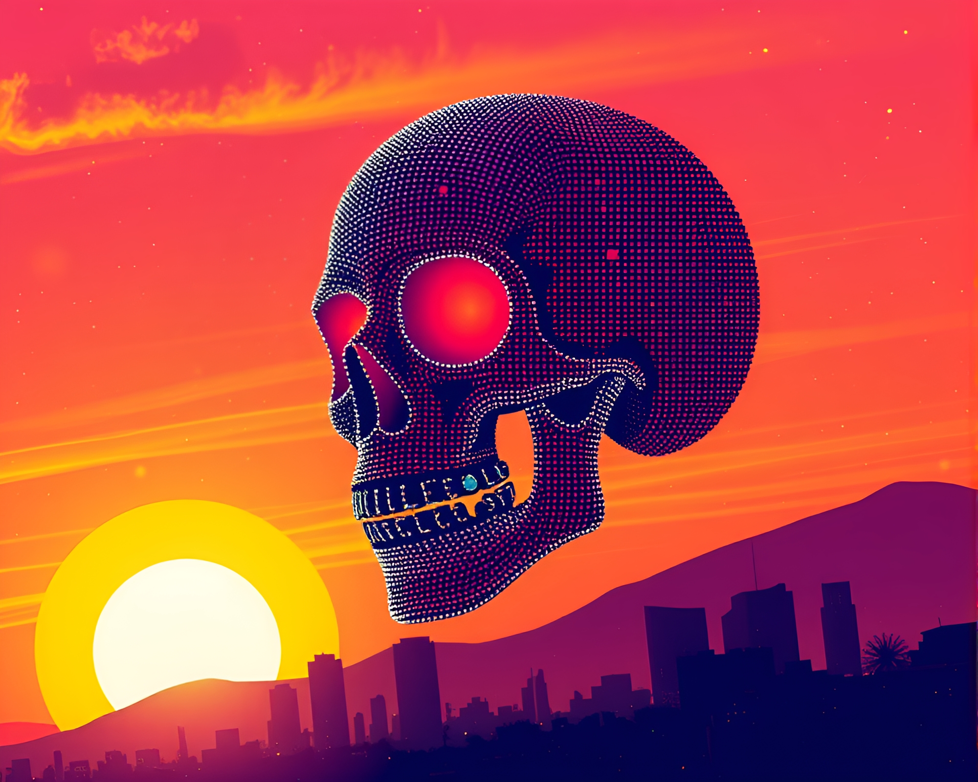 Geometric Sunset: Crystal Skull Matrix – free AI stock image