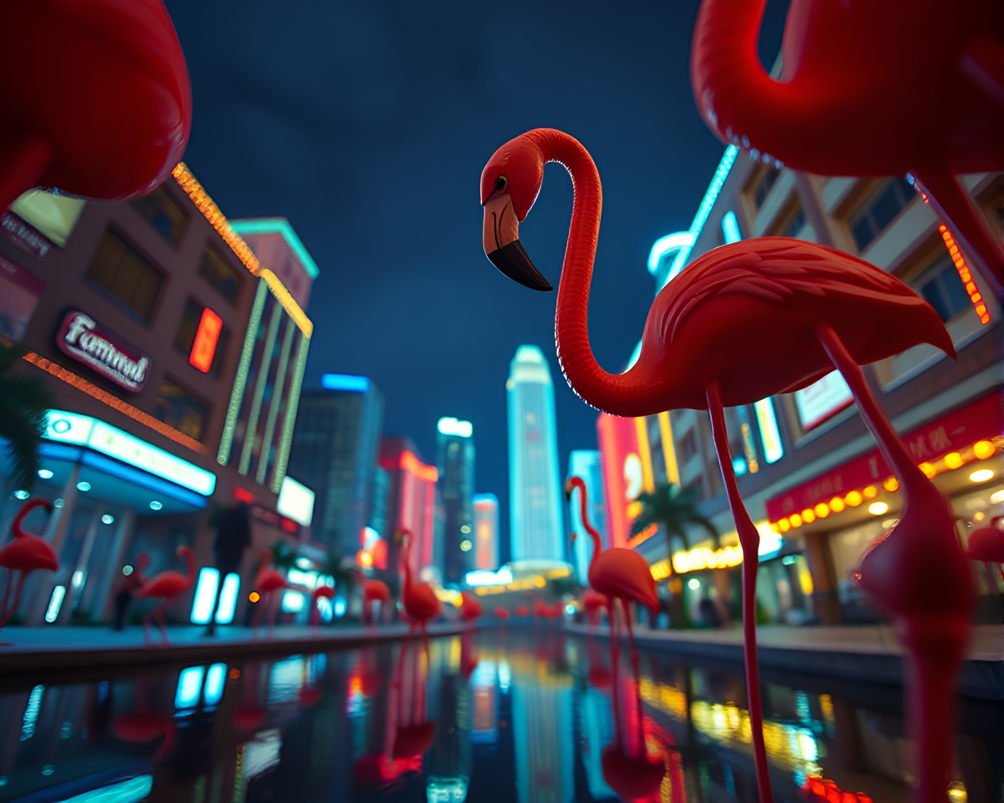 Flamingo City Lights Stop-Motion Still – free AI stock image