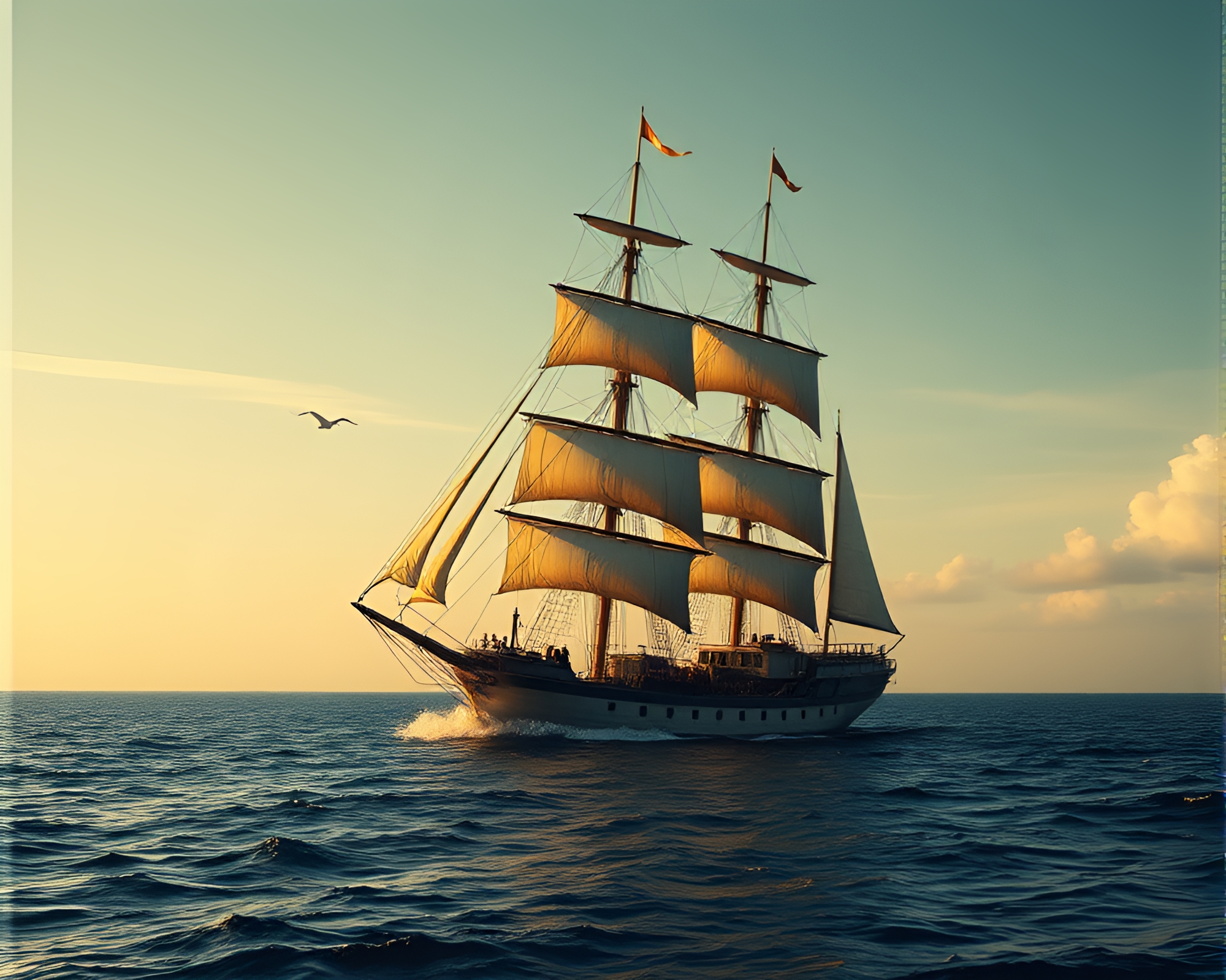 Dystopian Classic Sailing Ship in Golden Spiral Composition – free AI stock image