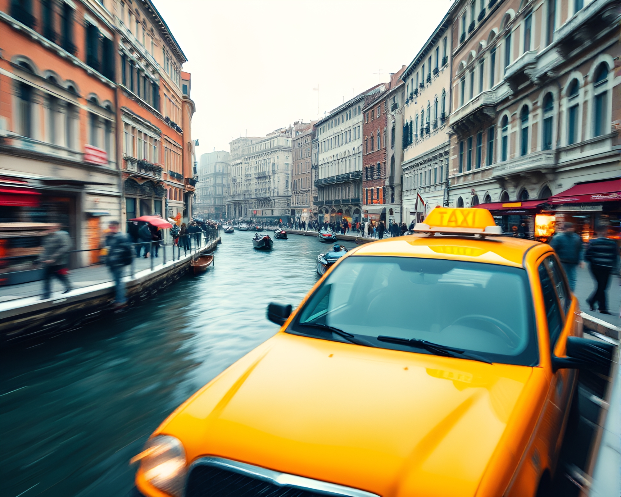 Venetian Canal Taxi Streaks Through Snow-Kissed Light – free AI stock image