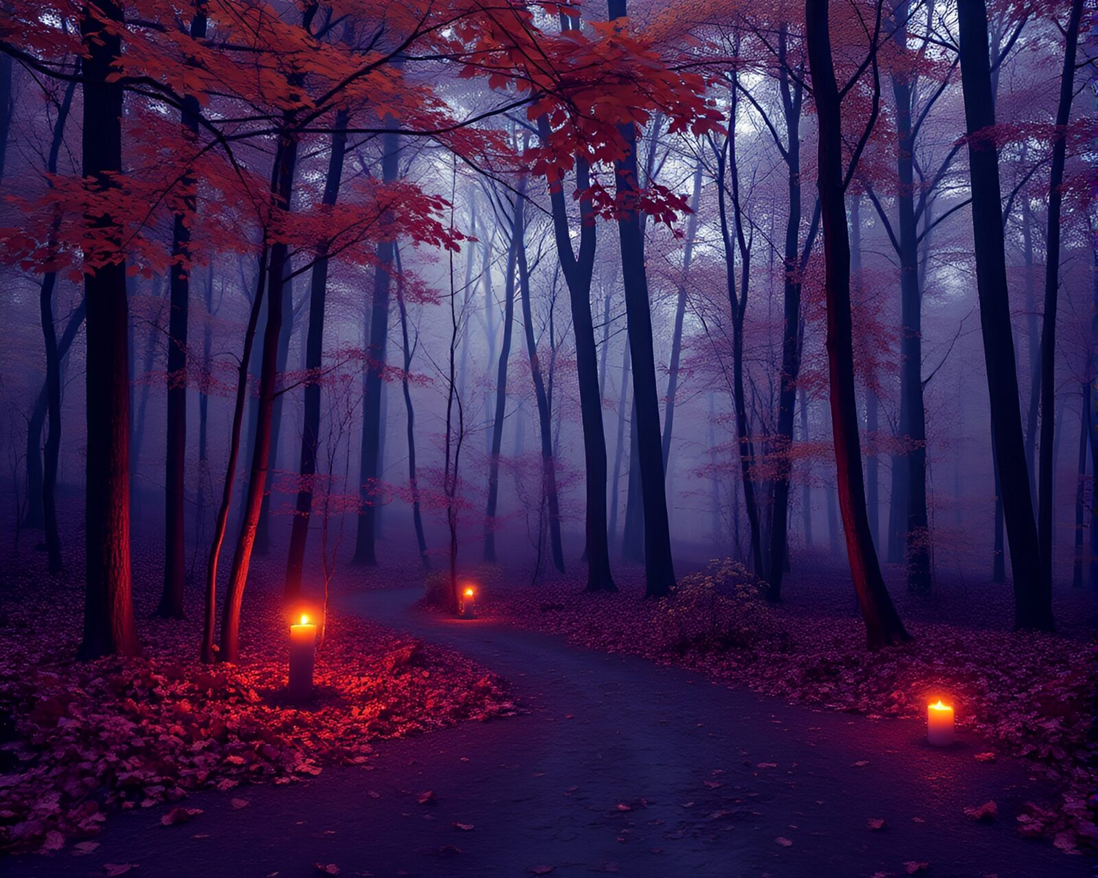 Amethyst shaded forest with hexagonal patterns and candlelight