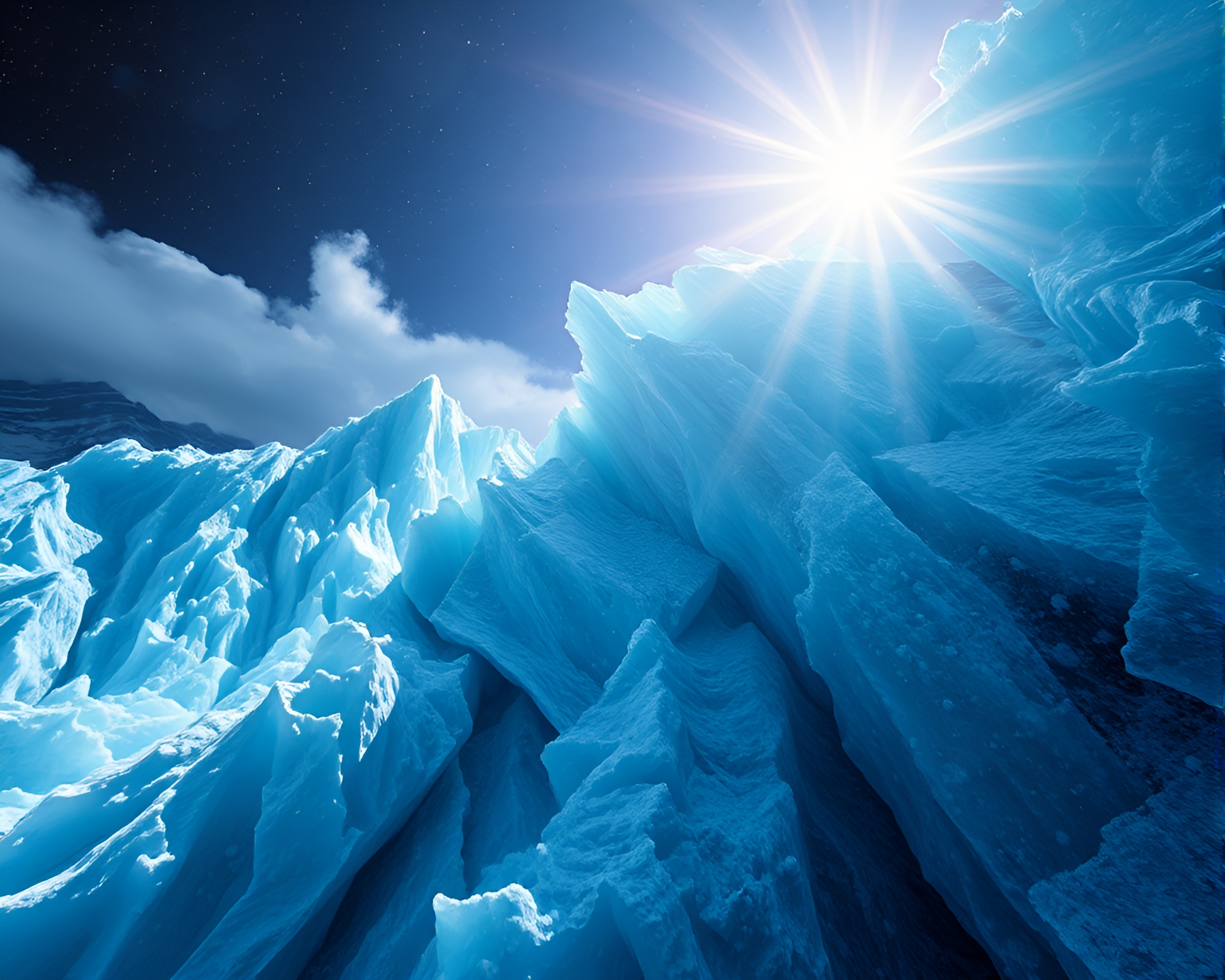 Dynamic Glacier Under Solar Flare Fractals – free AI stock image