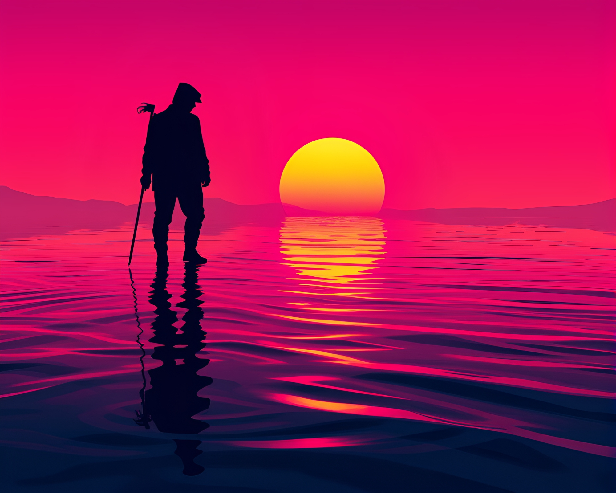 Cyberpunk Vigilante at Sunrise with Water Reflection Ripples – free AI stock image
