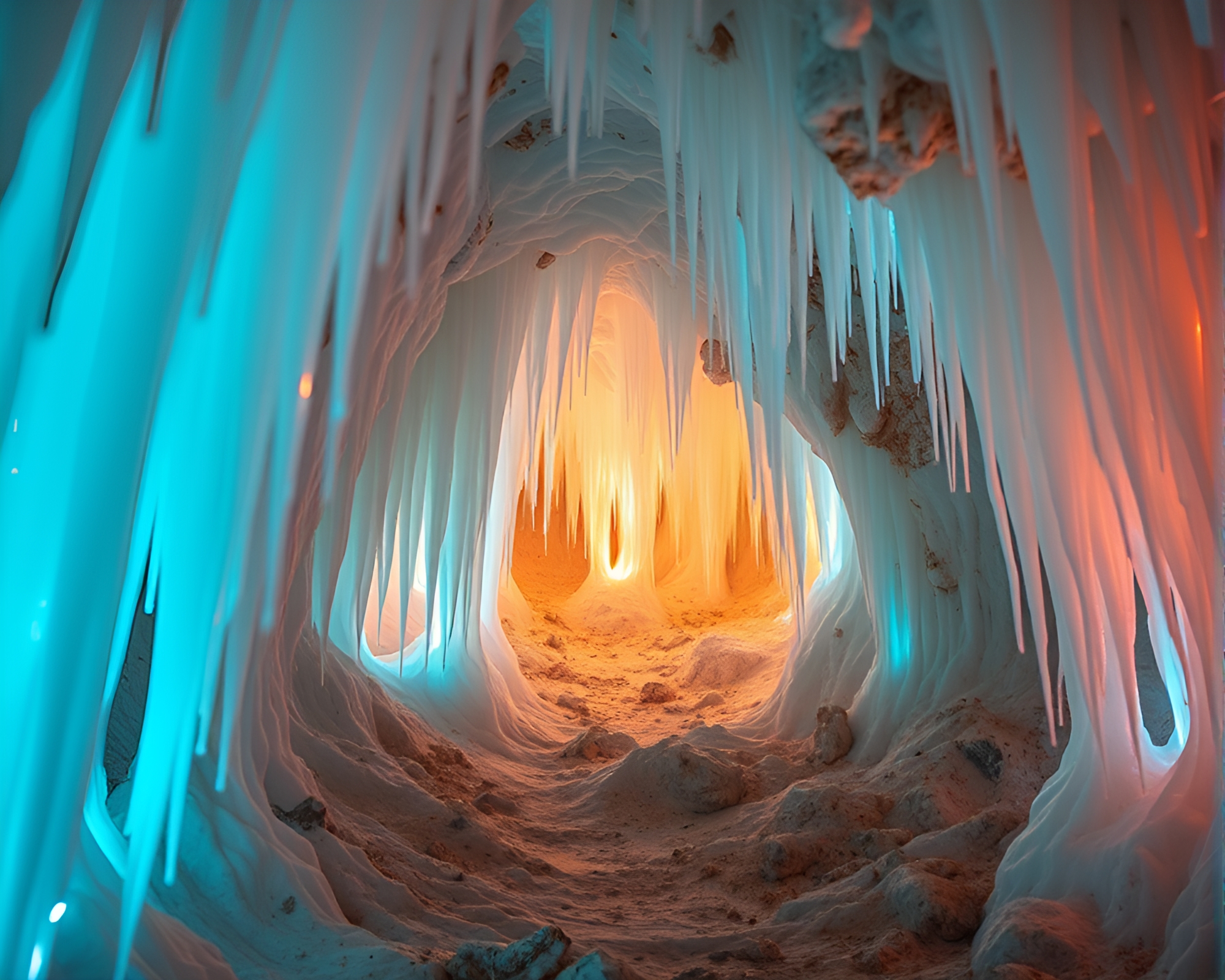 Glowing Fiber Optic Stalactites in Retrowave Cave – free AI stock image