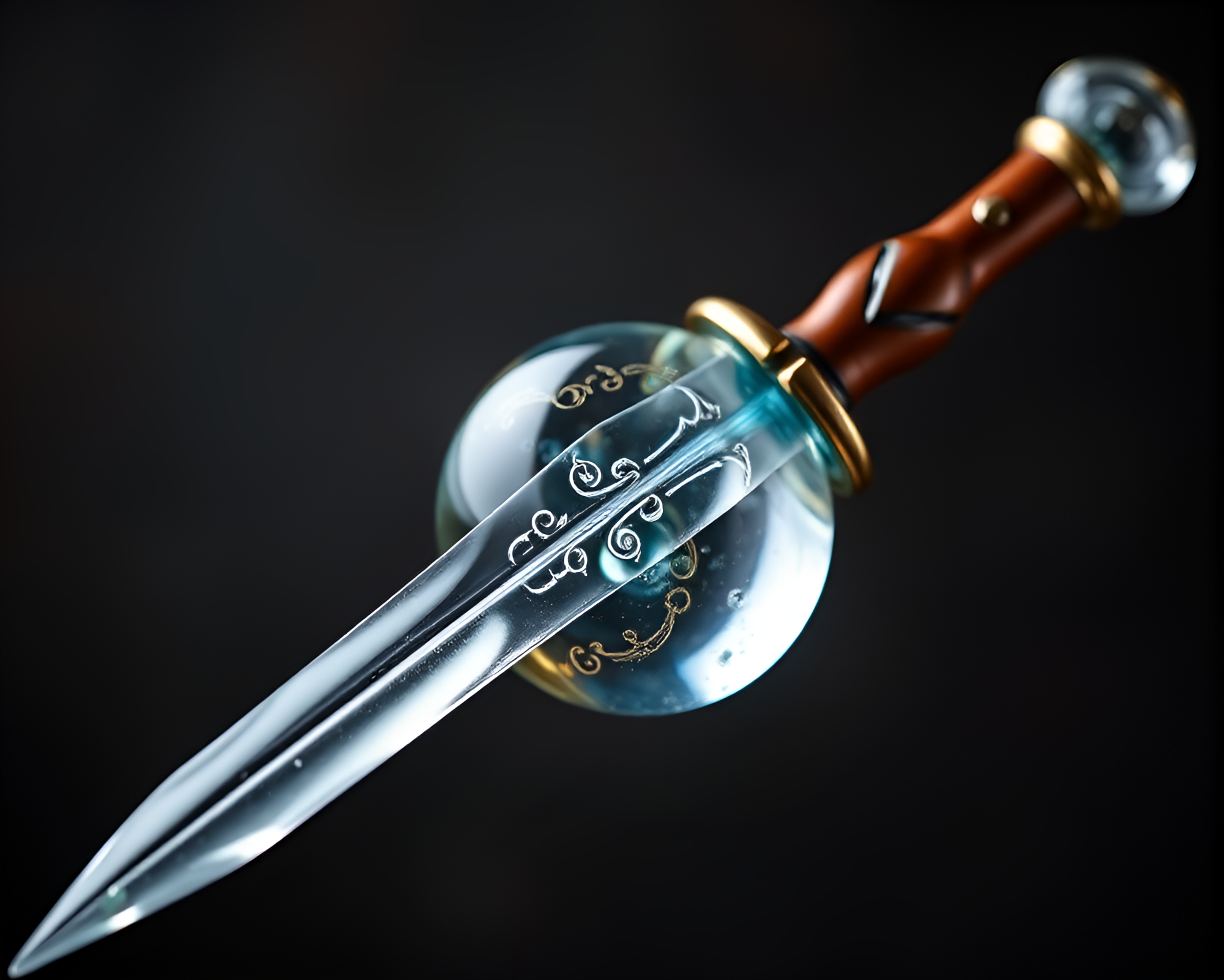 Sword through wet glass with glossy engravings – free AI stock image