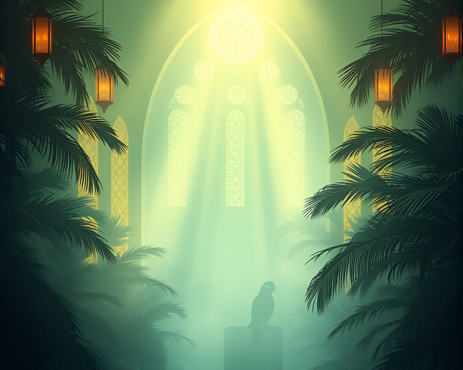 Flat design of colorful parrot in cathedral-like setting