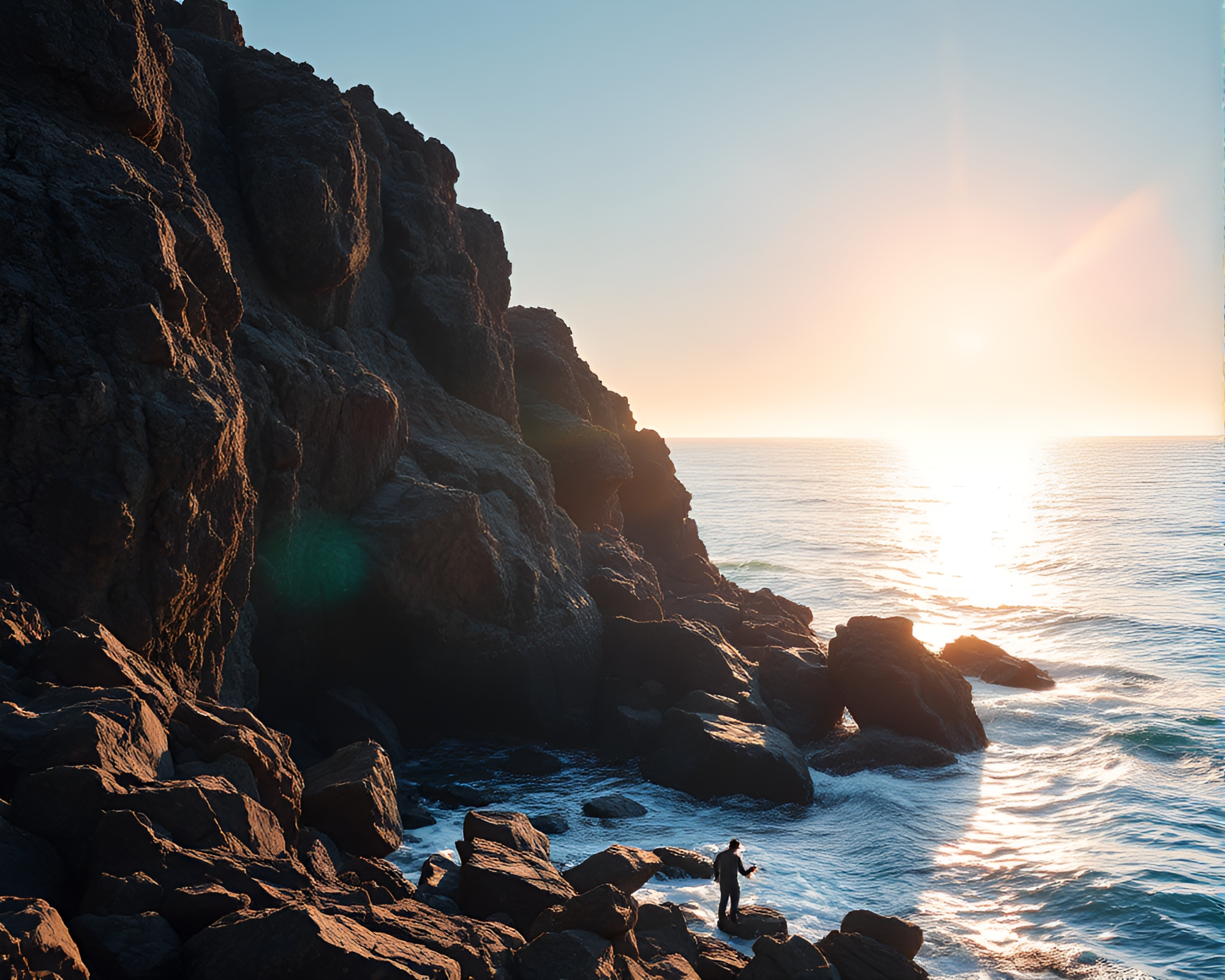 Sapphire Coastline Pixelation with Lens Flare – free AI stock image